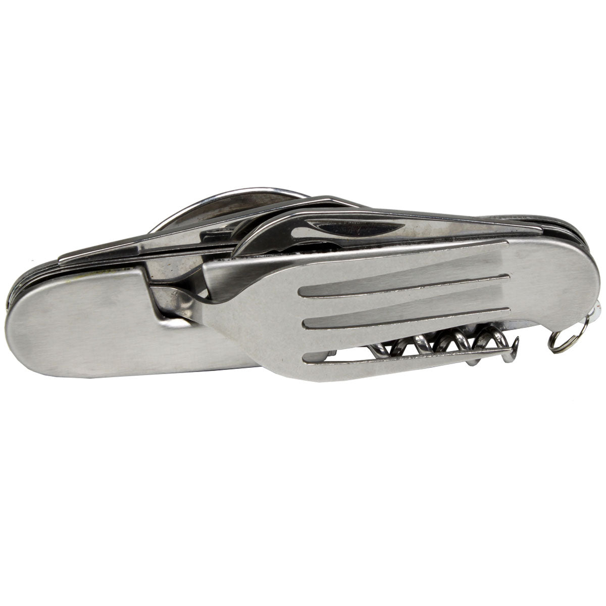 Multi-tool knife, fork, spoon combo with can and bottle opener, durable utility tool by quakekits.com, shown with all tools extended.