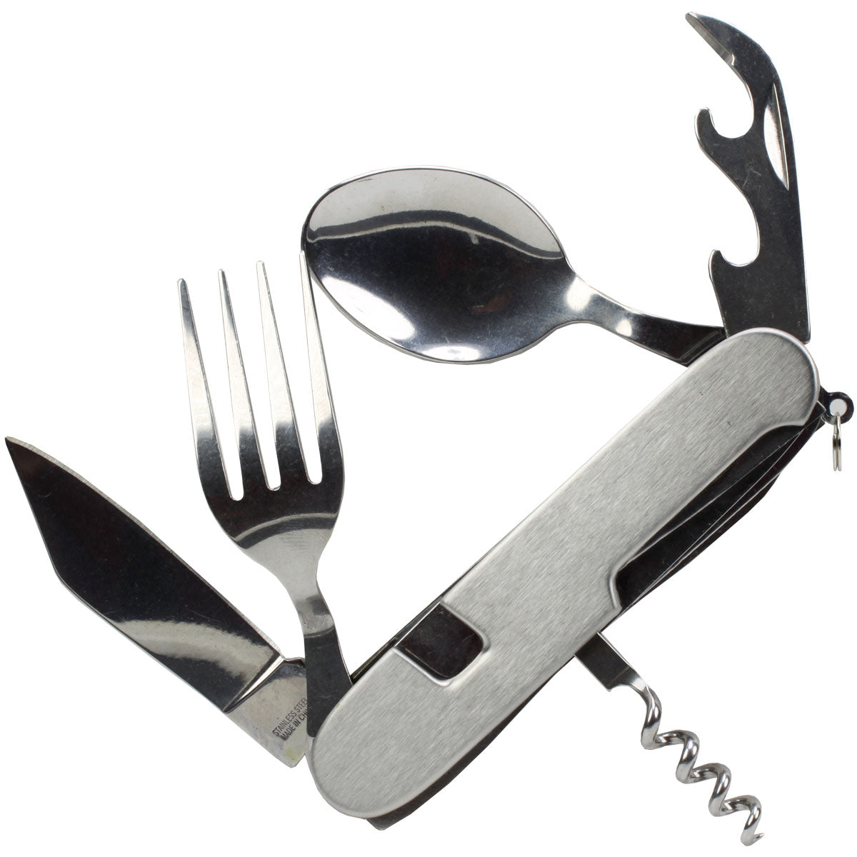Multi-tool with knife, fork, spoon, can opener, and bottle opener from QuakeKits, compact and versatile for outdoor use.