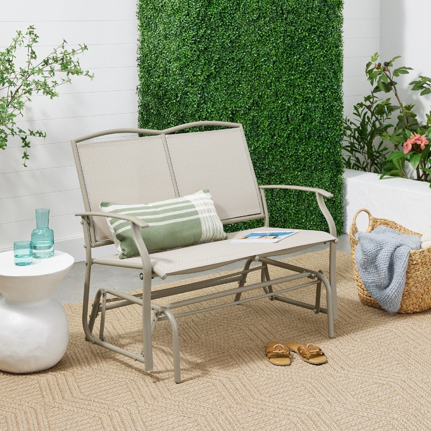 2 Seat Mesh Patio Loveseat Swing Glider Rocker with Armrests in Taupe - OVERLANDERS Outfitter