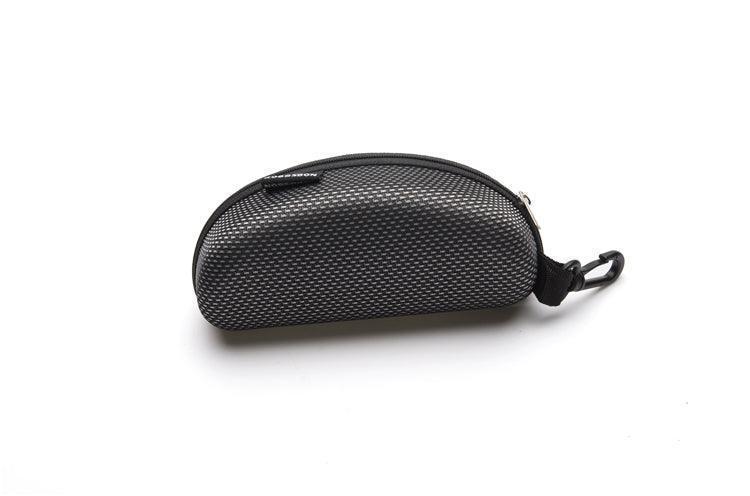 Bean's Moto Booth riding glasses storage case, black hard-shell protective case with zipper for motorcycle eyewear storage.