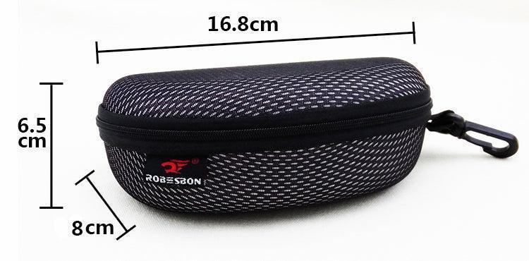 Bean's Moto Booth riding glasses storage case, black hard shell with zipper, designed to protect motorcycle riding glasses.