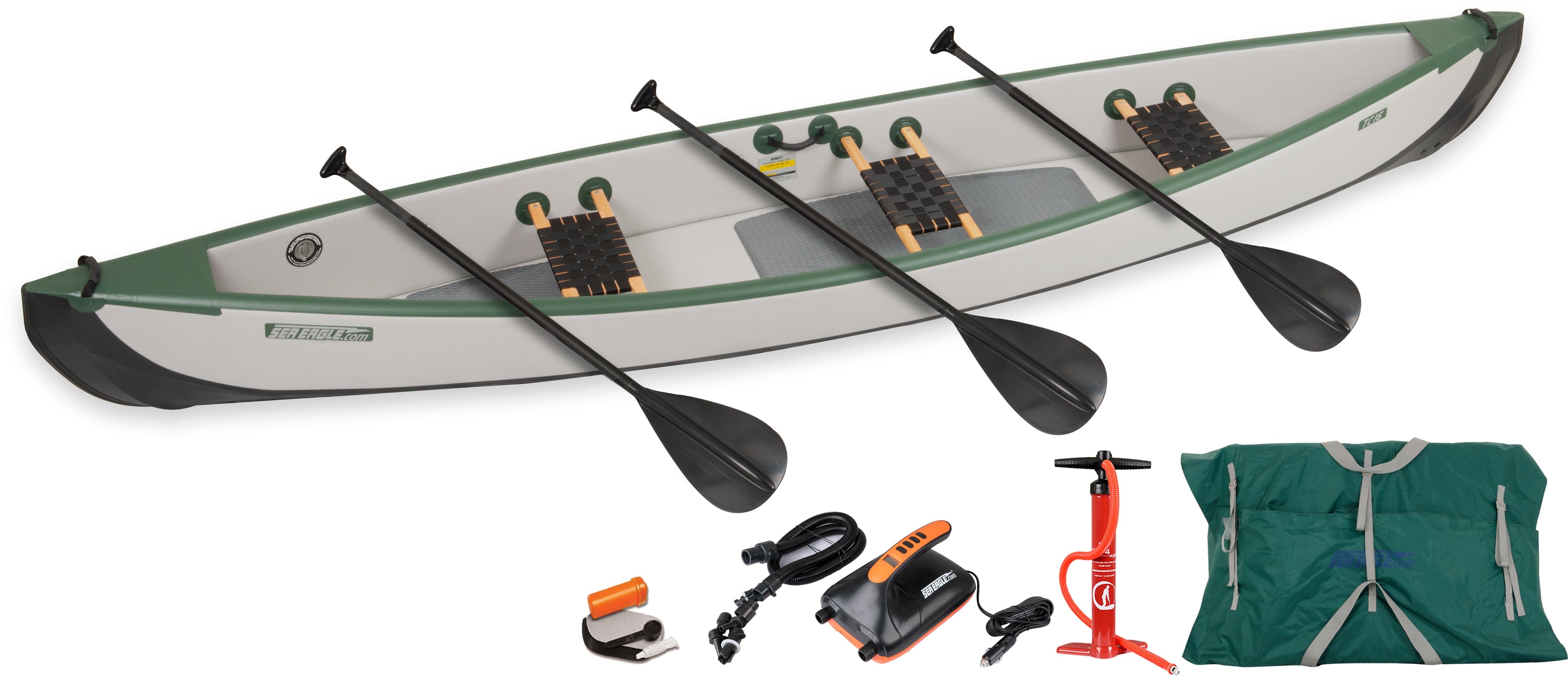 Inflatable TC16 Travel Canoe by Backcountry Sportsman with 3-person capacity and electric pump in the package.