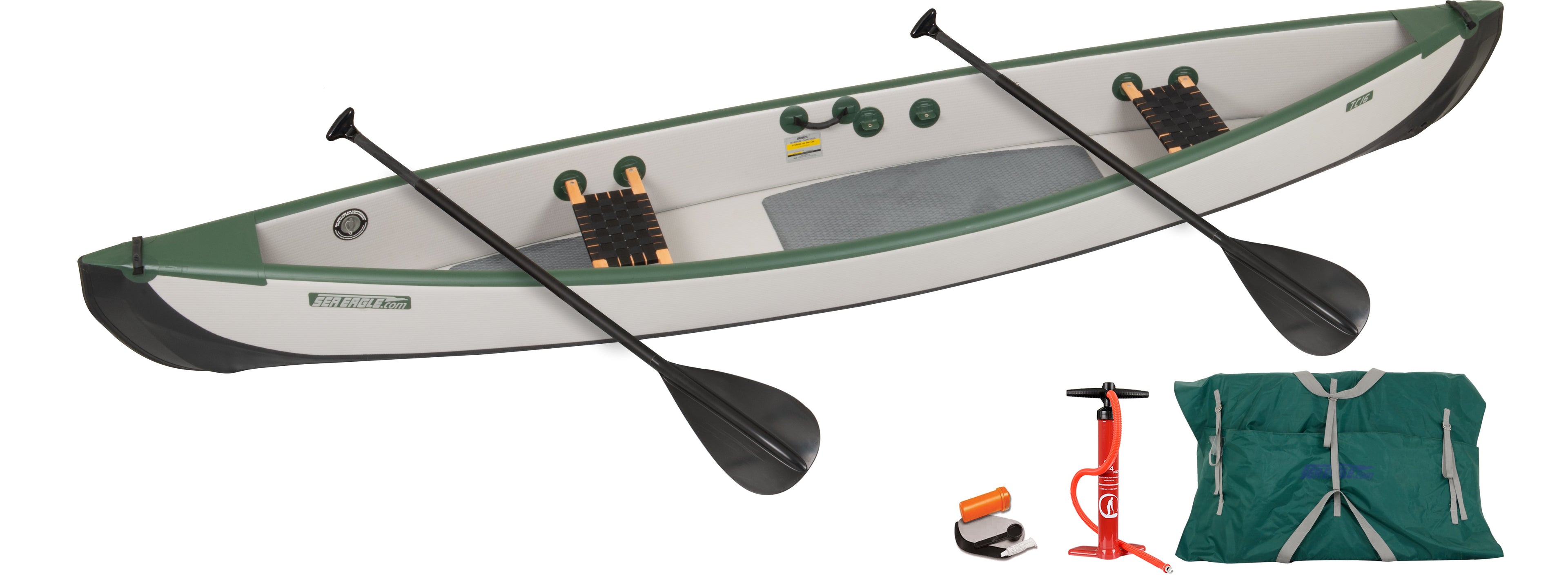 Inflatable TC16 Travel Canoe by Backcountry Sportsman displayed on water with paddles inside, ready for outdoor adventure.