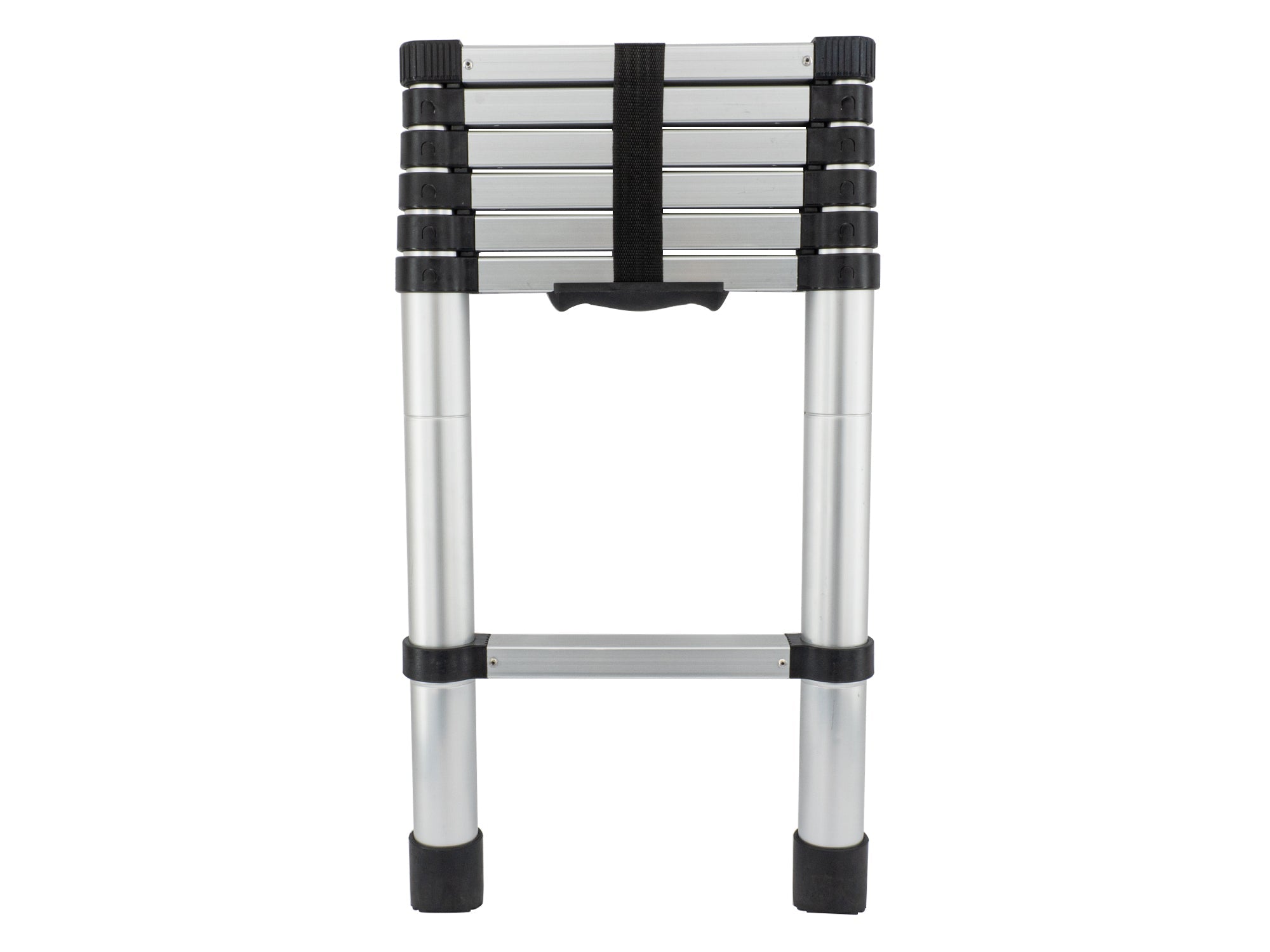 GoWesty telescoping ladder extended for exterior use, showing its compact design and sturdy construction for outdoor access.