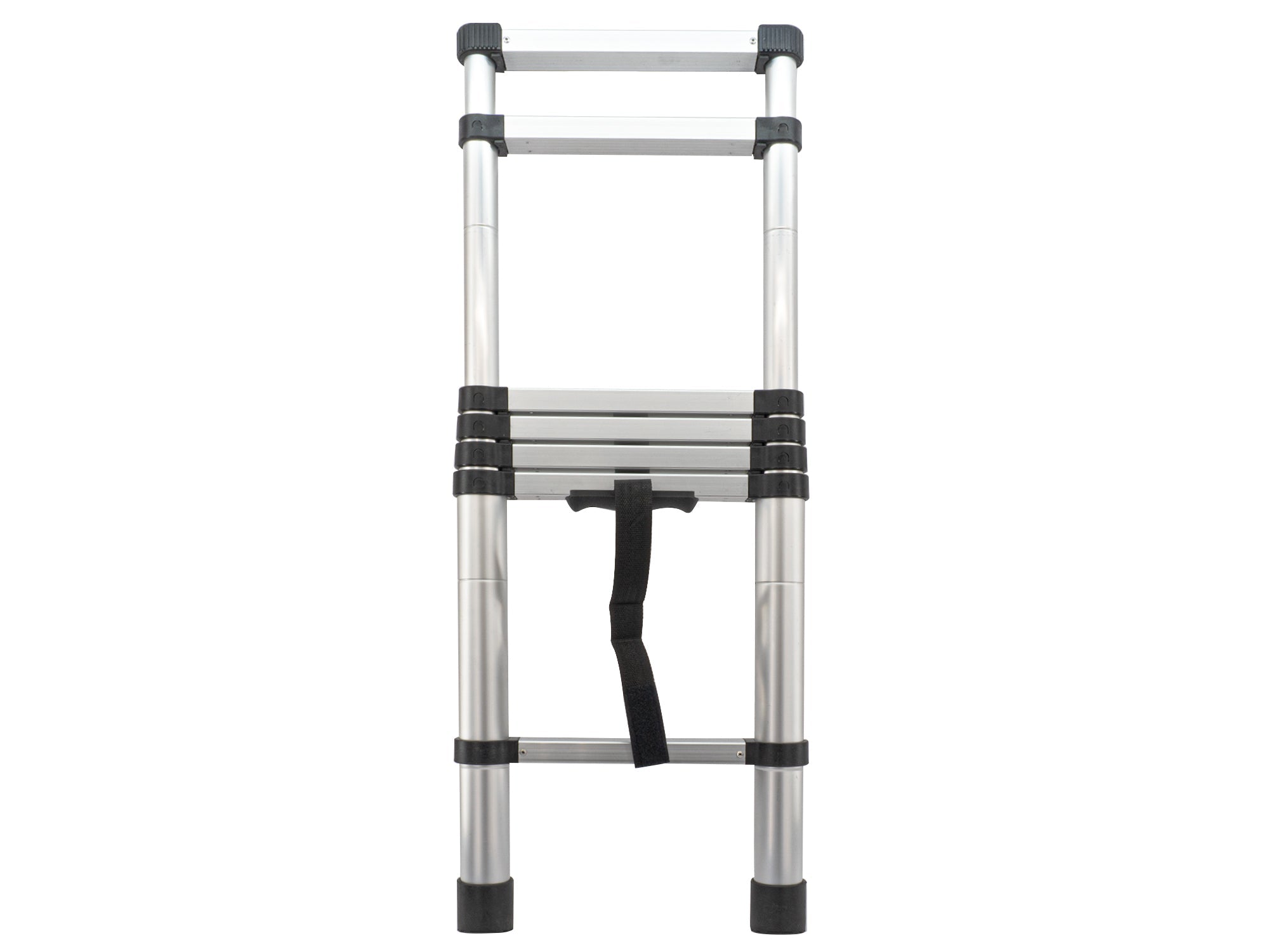 GoWesty telescoping ladder extended for exterior use, made of sturdy metal with rubber feet for stability and safety.