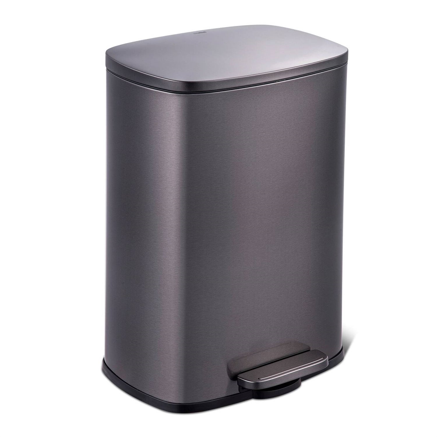 Black stainless steel 13-gallon kitchen trash can with step-open lid by HomePacific, designed for easy waste disposal.