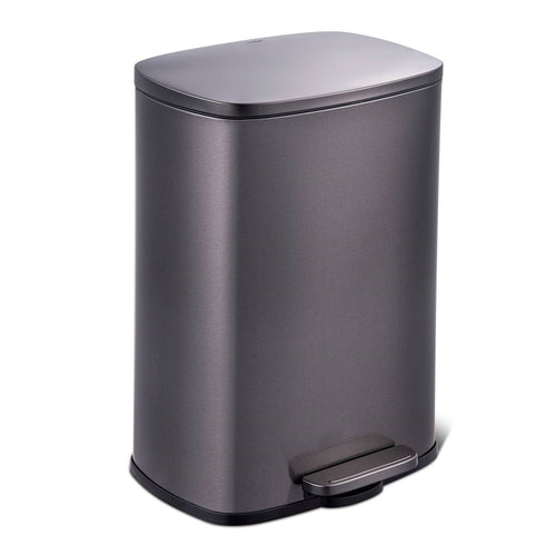 Black stainless steel 13-gallon kitchen trash can with step-open lid by HomePacific, designed for easy waste disposal.