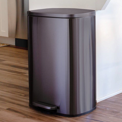 Black stainless steel 13-gallon kitchen trash can with step-open lid by HomePacific, featuring a sleek design and durable construction.