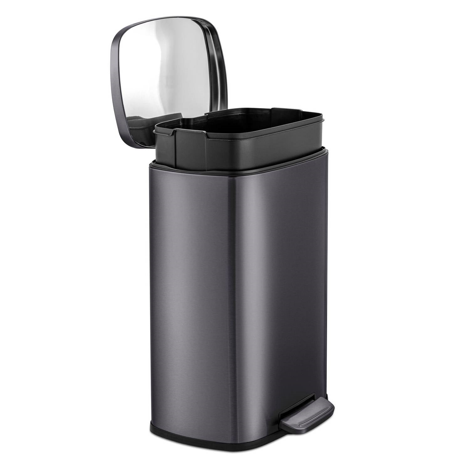 HomePacific 13-gallon black stainless steel kitchen trash can with step-open lid, sleek and durable for waste disposal