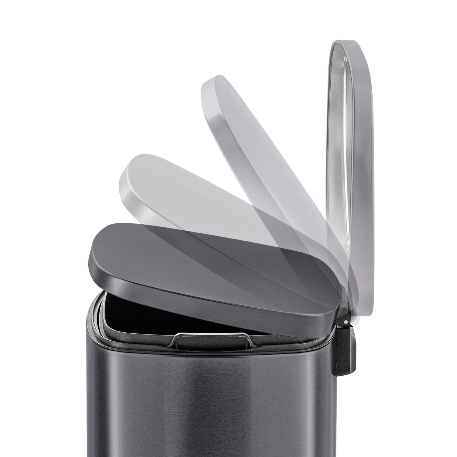 Black stainless steel 13-gallon kitchen trash can with step-open lid by HomePacific, ideal for modern kitchen waste disposal.