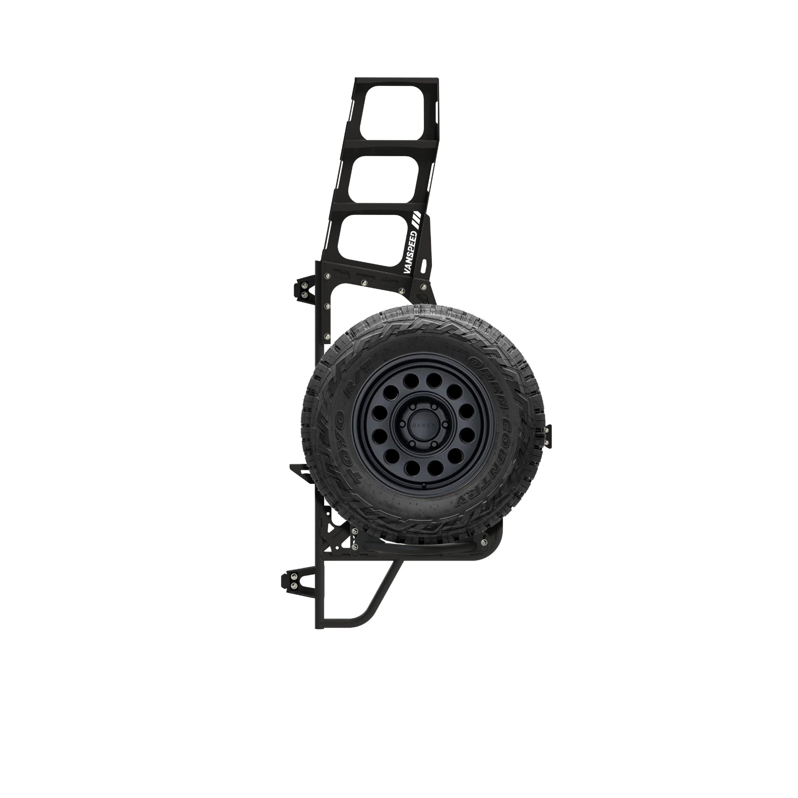 Vanspeed Sprinter rear tire carrier mounted on van exterior, showing sturdy metal construction and mounting hardware.