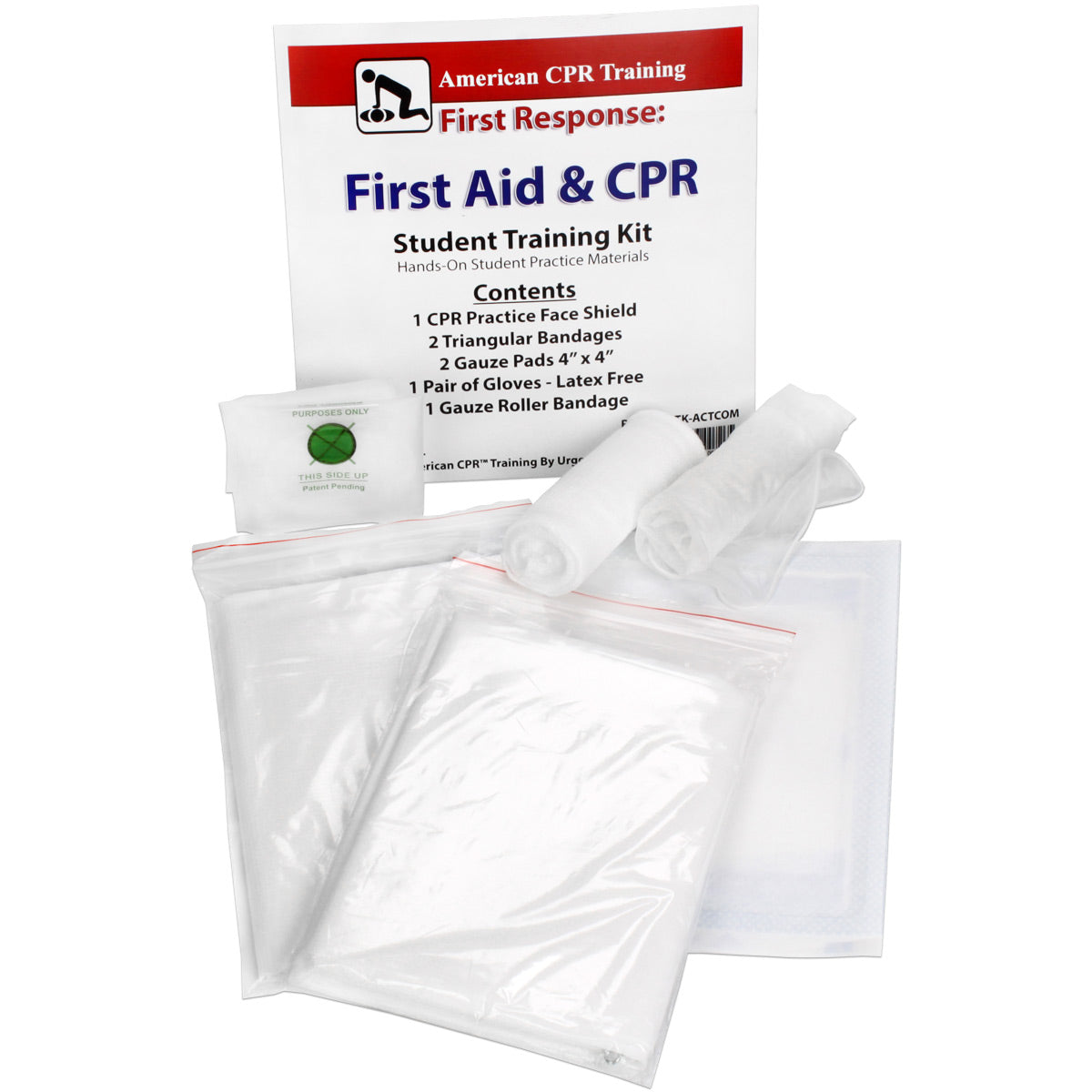 CPR and first aid training kit with 8 pieces of CPR equipment, designed for student practice, by quakekits.com.