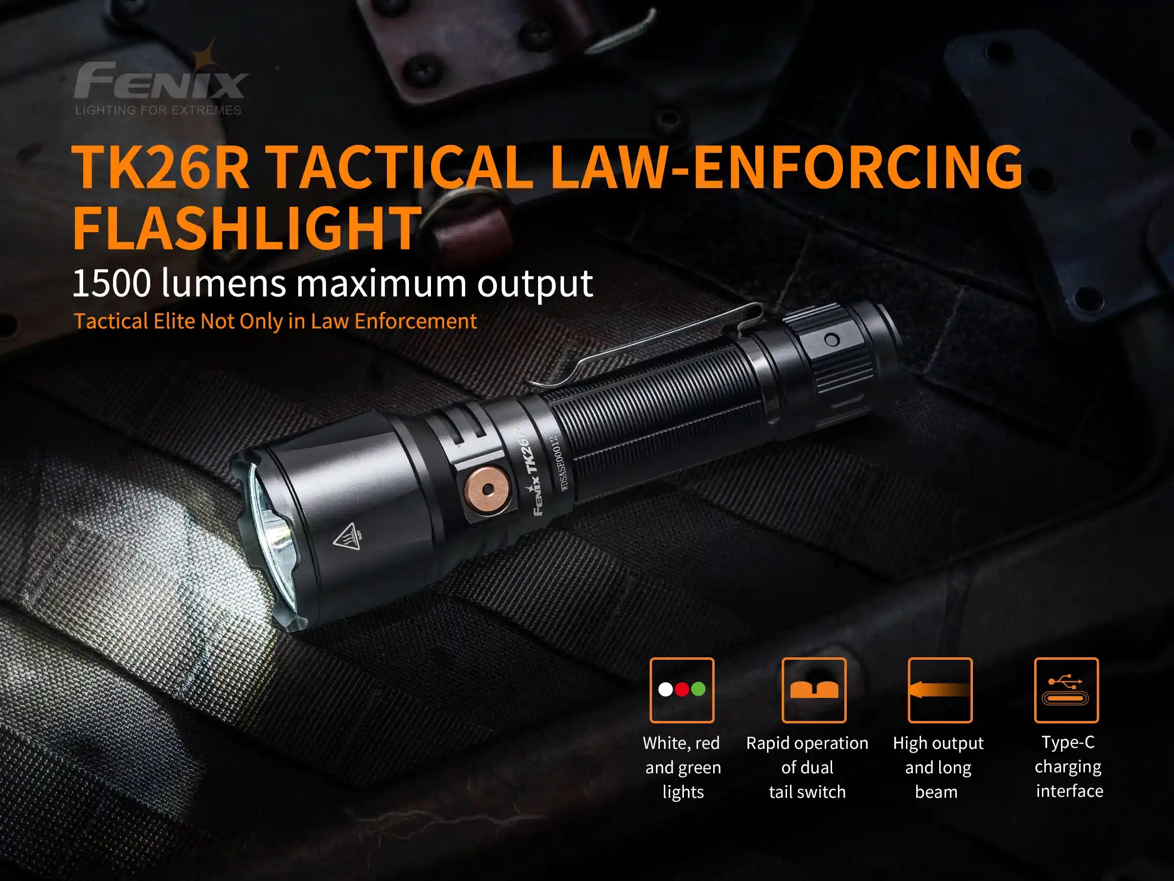 Fenix TK26R Tactical LED Flashlight with powerful 1500 lumens output, showcasing its durable design and grip.
