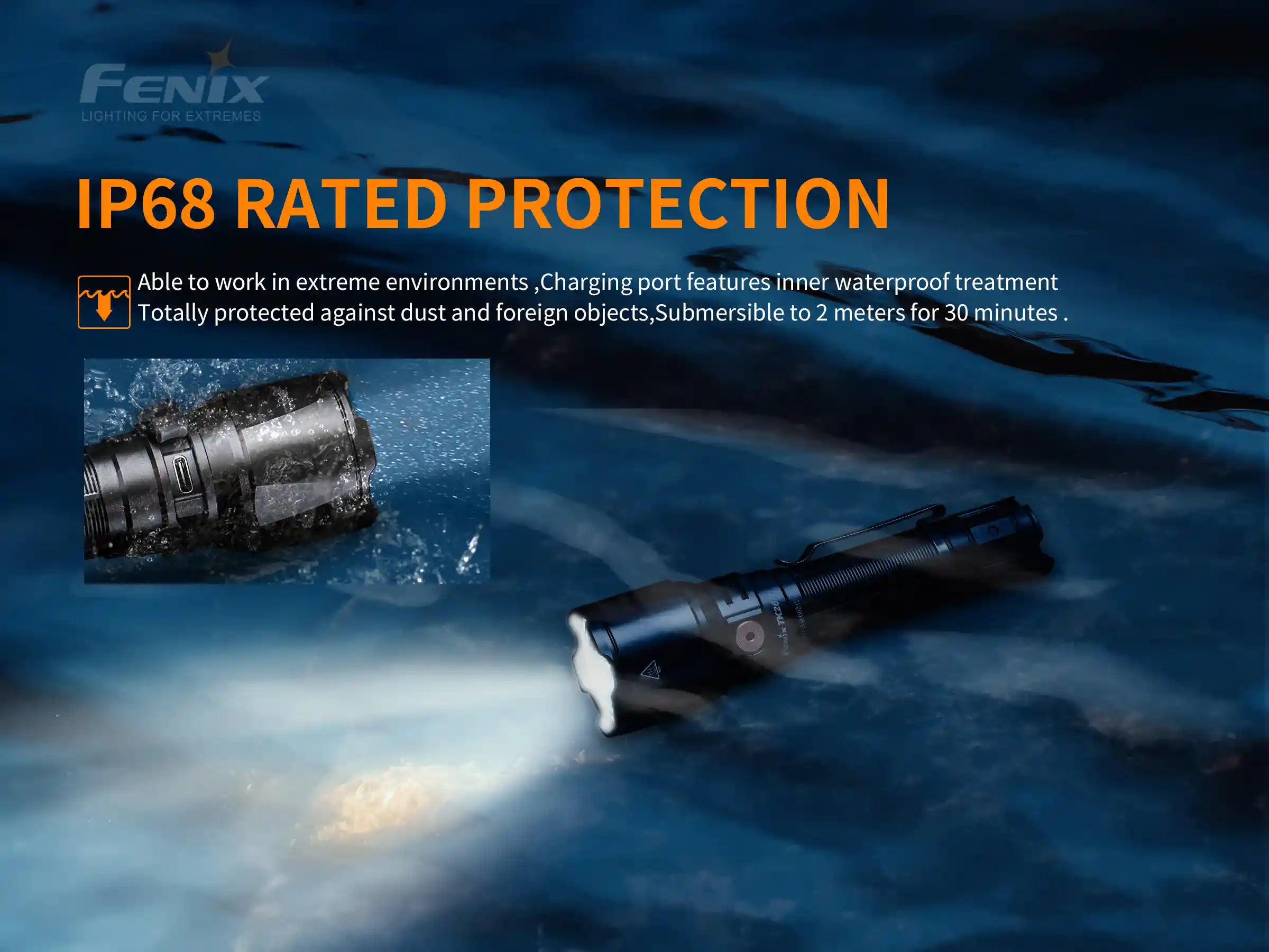 Fenix TK26R Tactical LED Flashlight with a sleek design, showcasing its powerful 1500 lumens beam in a dark setting.