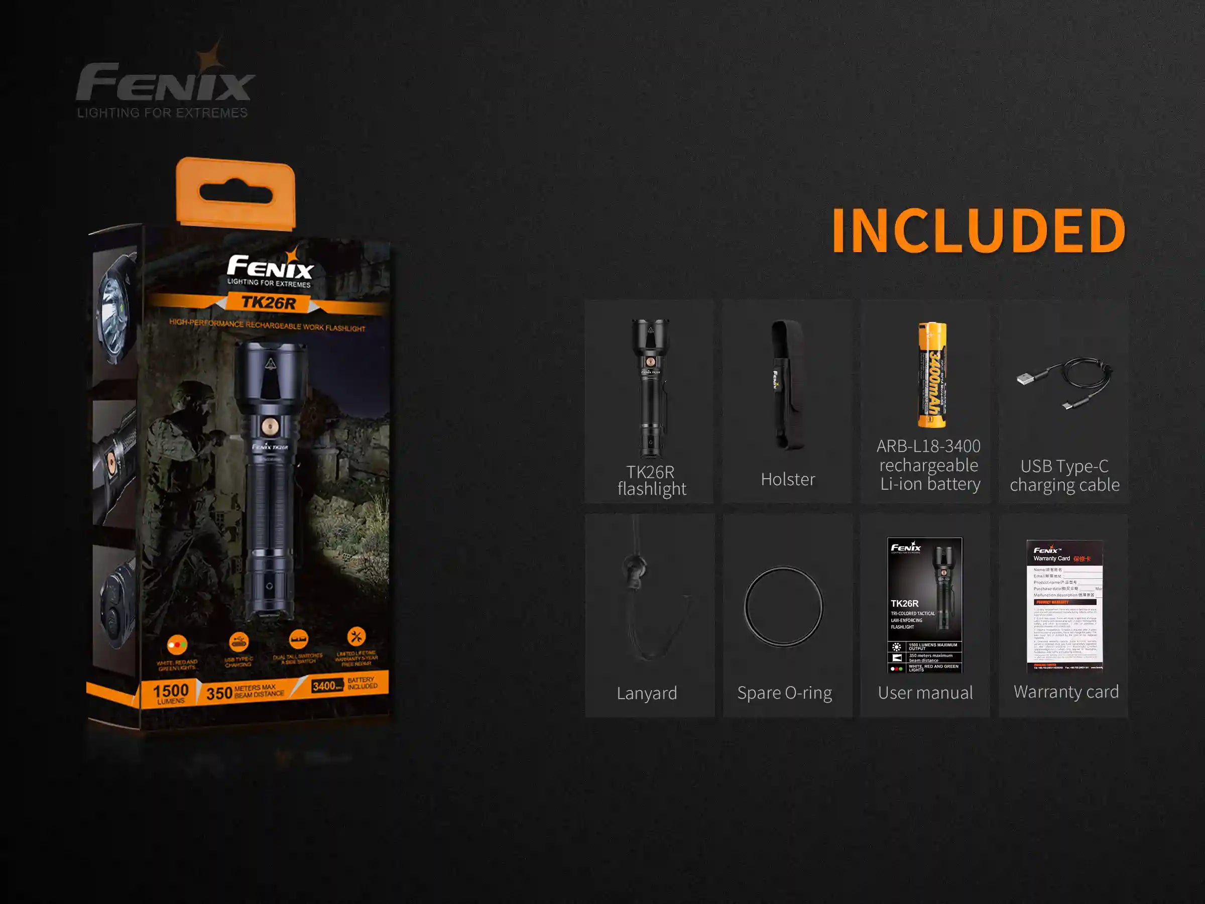 Fenix TK26R Tactical LED Flashlight with 1500 lumens, showcasing a durable design and multiple lighting modes.