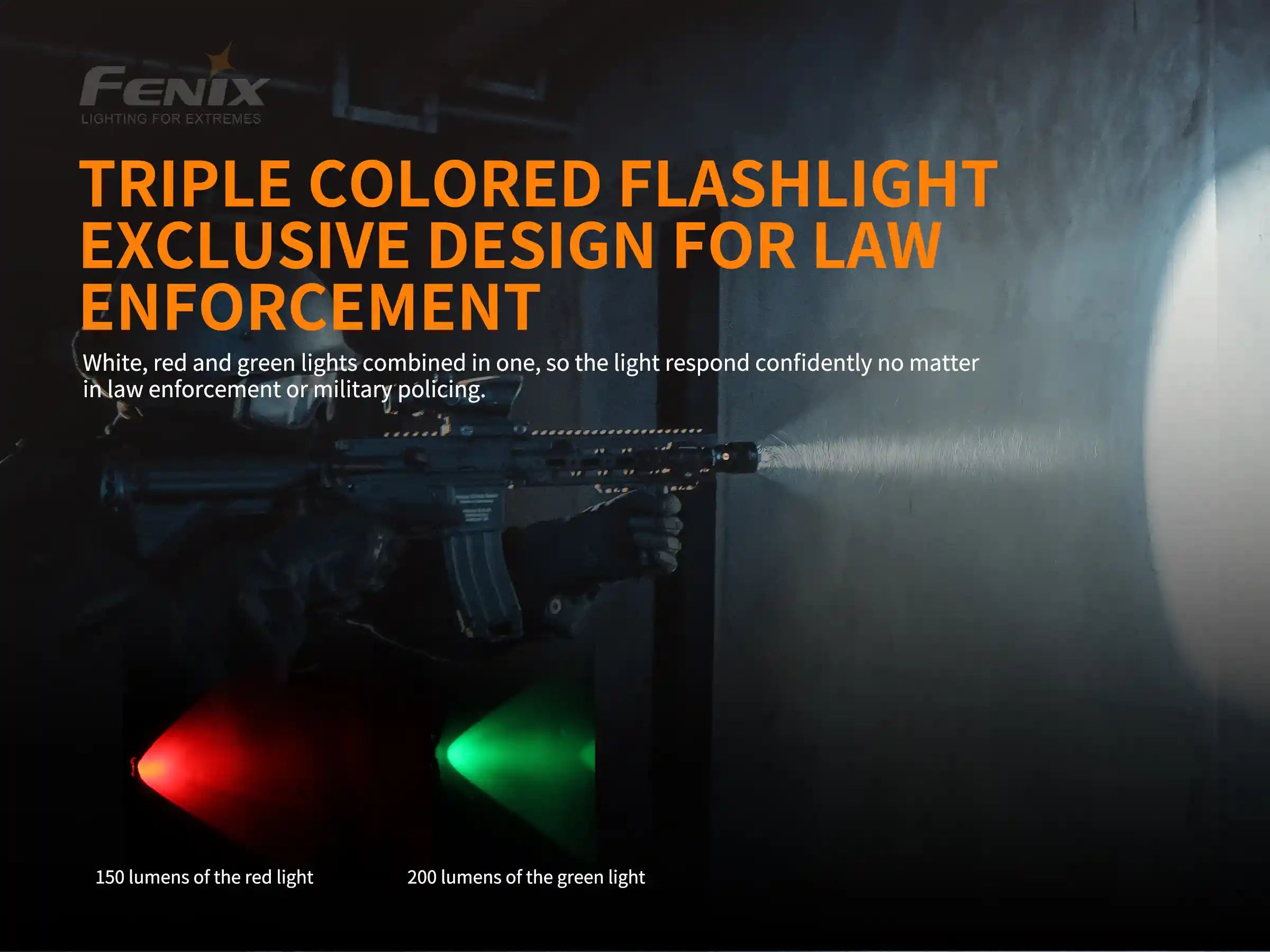 Fenix TK26R Tactical LED Flashlight with a sleek design, showcasing its powerful 1500 lumens and tactical features.