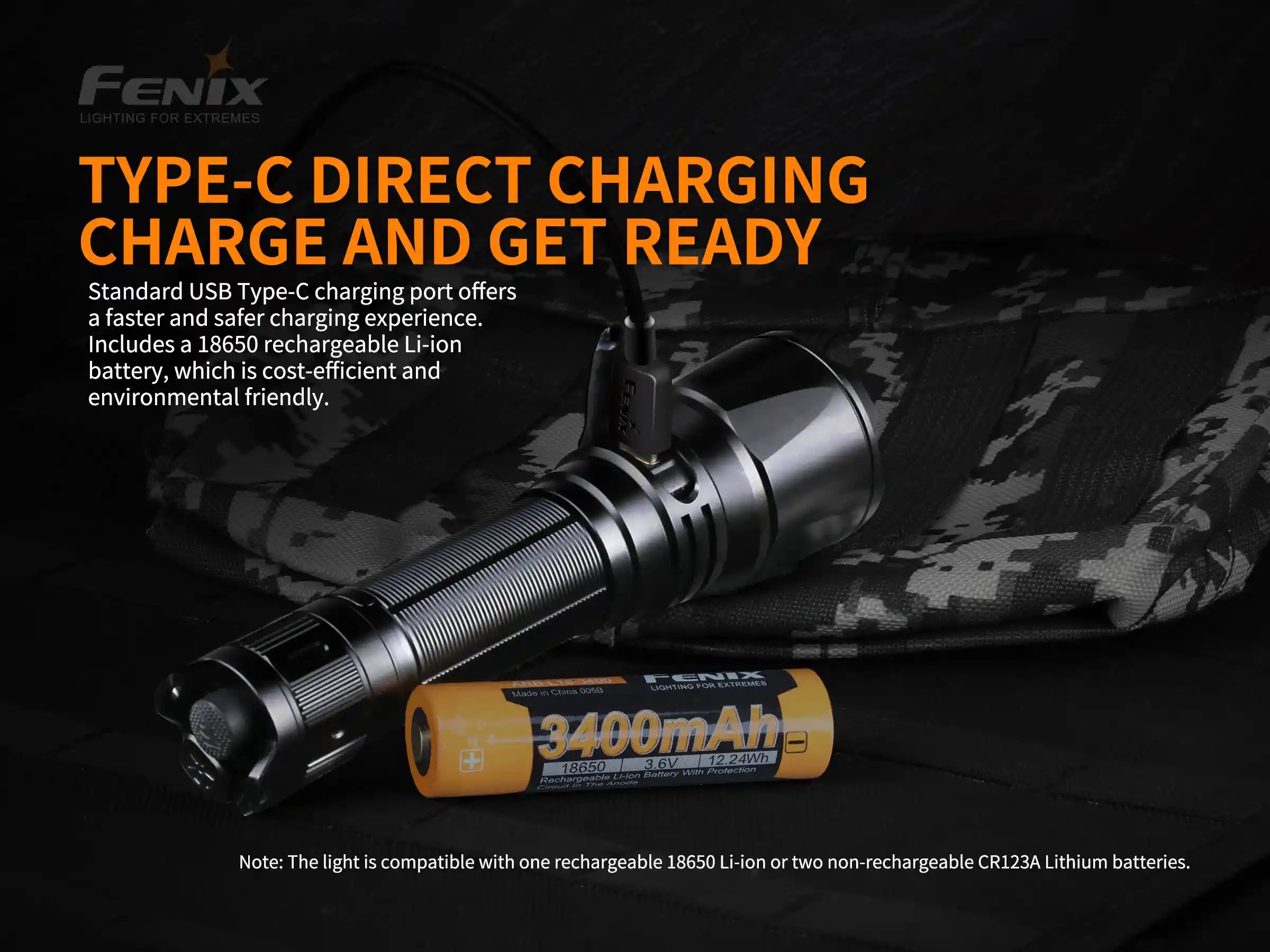 Fenix TK26R Tactical LED Flashlight with a sleek design and bright 1500 lumens illuminated in a dark setting.