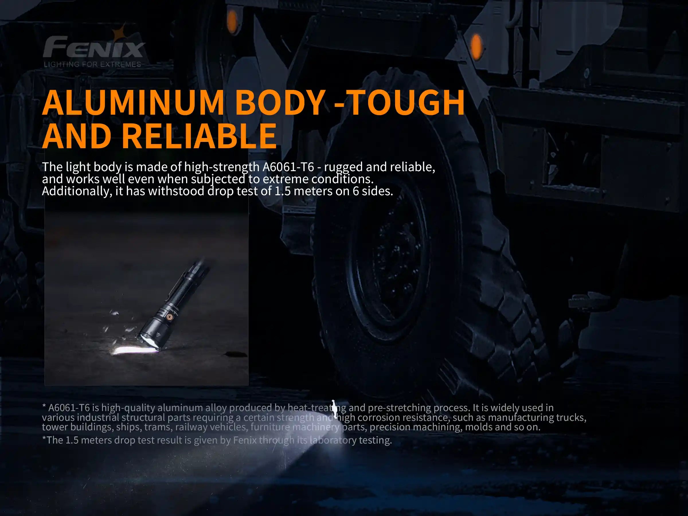 Fenix TK26R Tactical LED flashlight with 1500 lumens, showcasing a durable design and compact size for outdoor use.