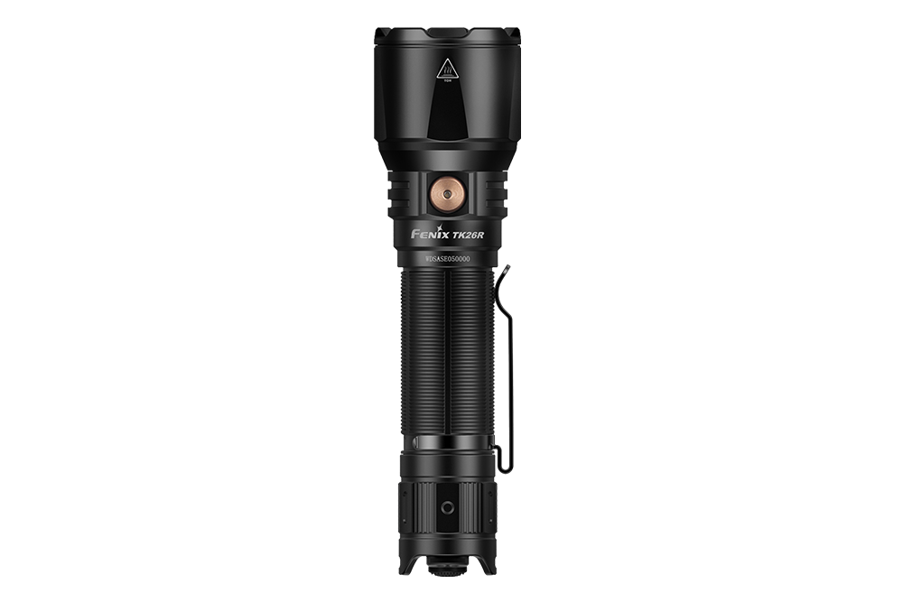 Fenix TK26R Tactical LED Flashlight with a bright 1500 lumens output, showcasing its sleek design and durable build.