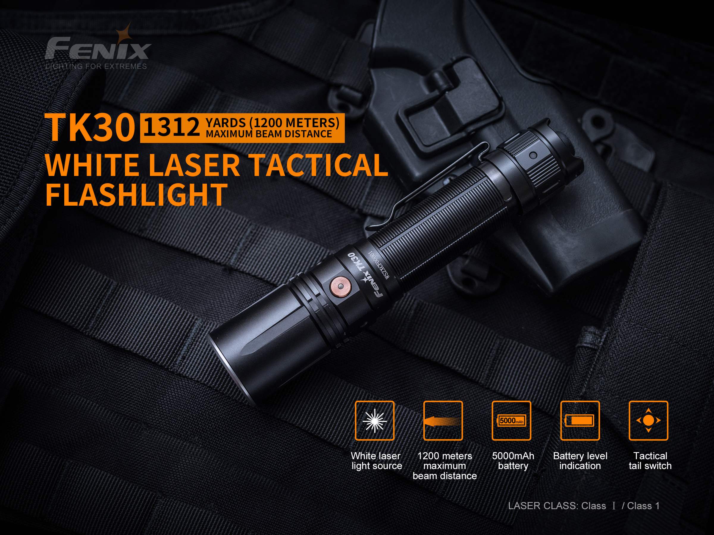 Fenix TK30 tactical flashlight with white laser LED, showcasing sleek design and durable construction.