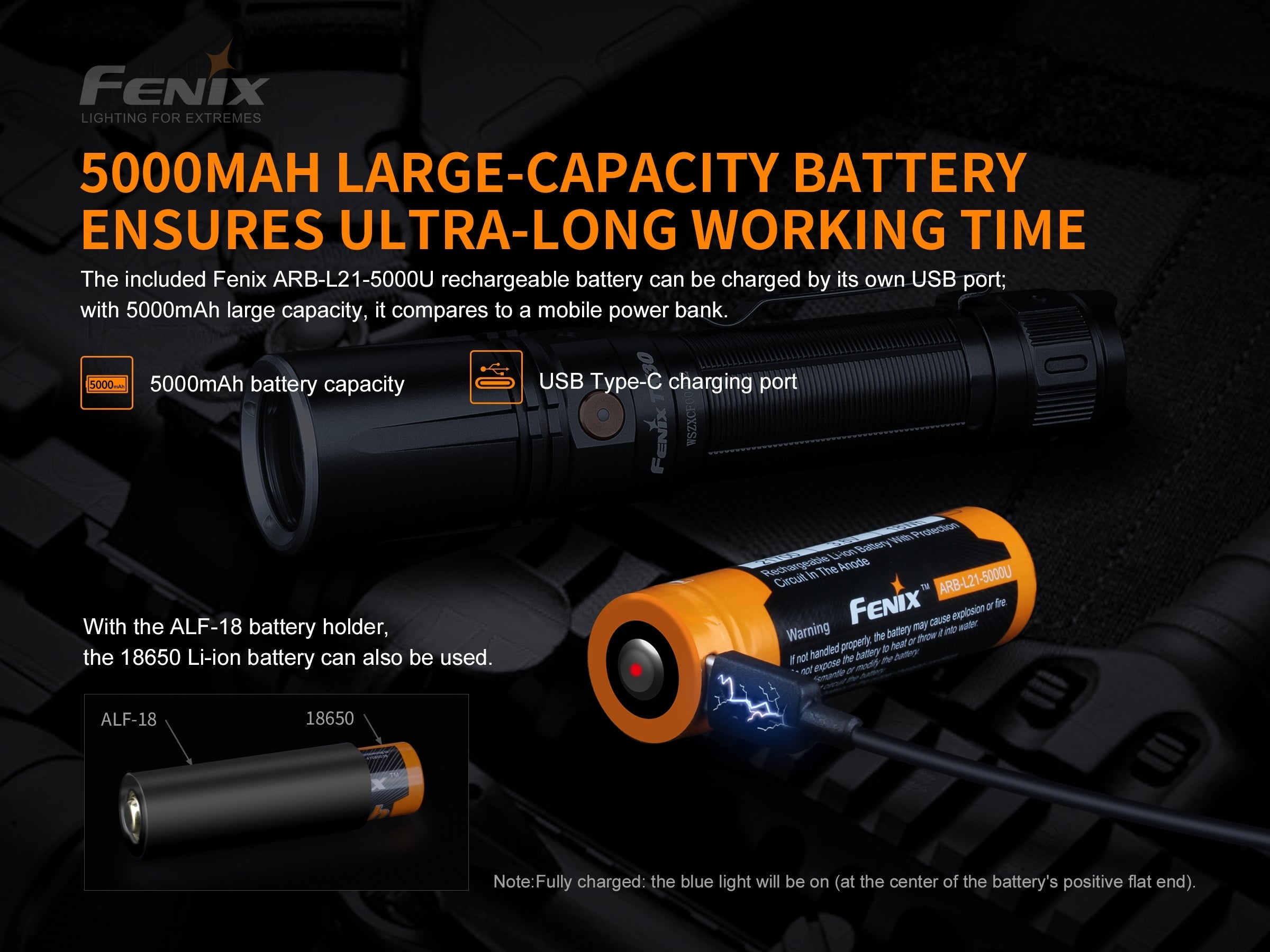 Fenix TK30 tactical flashlight with white laser LED, showcasing its sleek design and powerful beam in a dark setting.