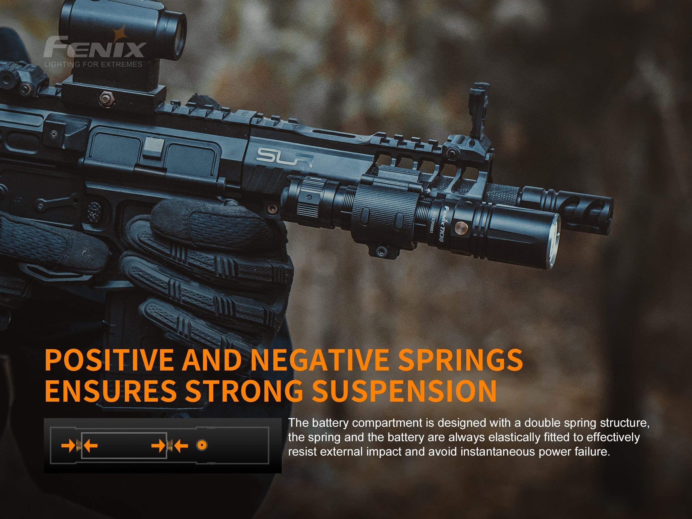 Fenix TK30 tactical flashlight with white laser LED, showcasing its sleek design and durable construction.