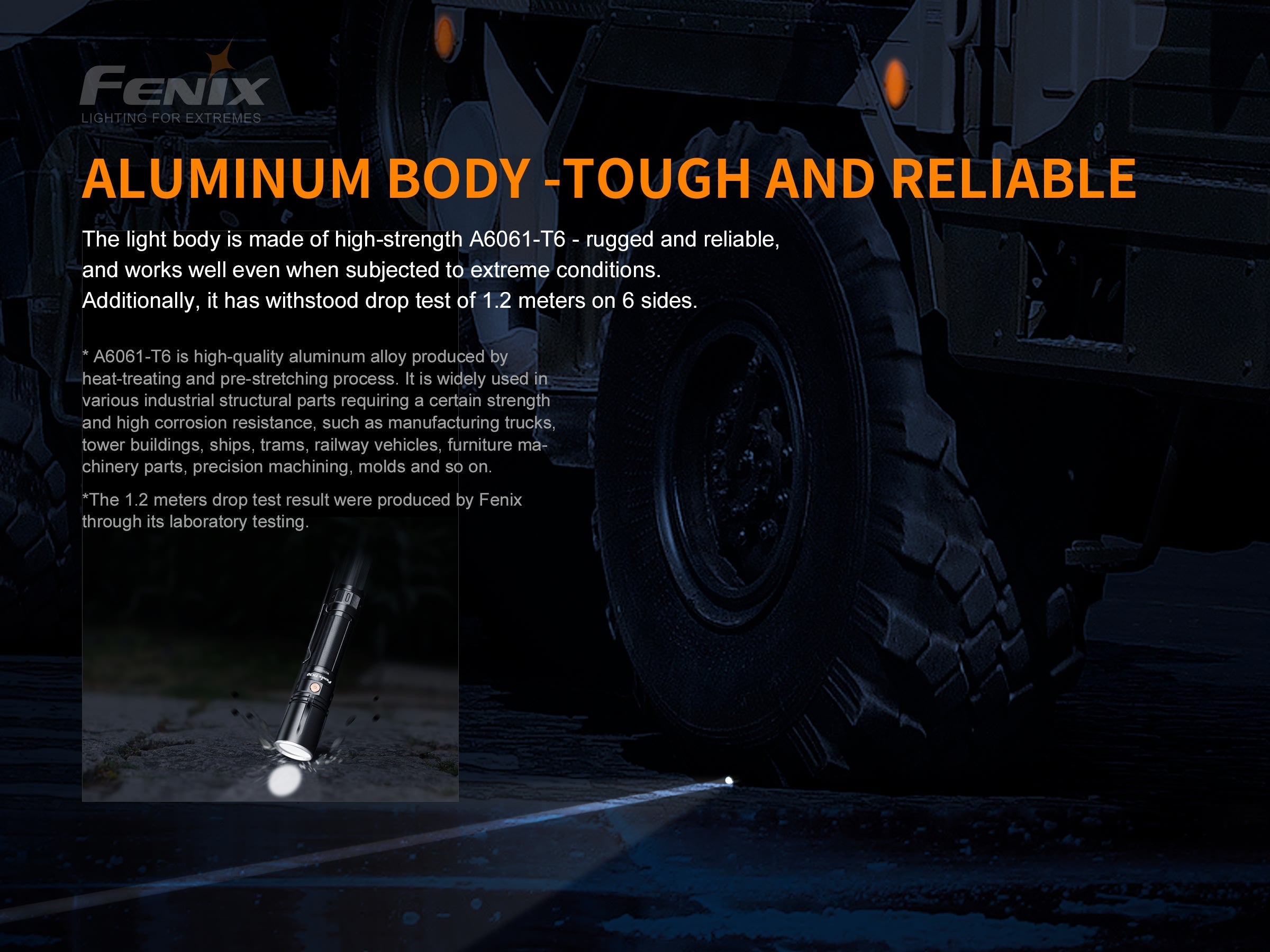 Fenix TK30 tactical flashlight with white laser LED, showcasing its durable design and bright beam in a dark setting.
