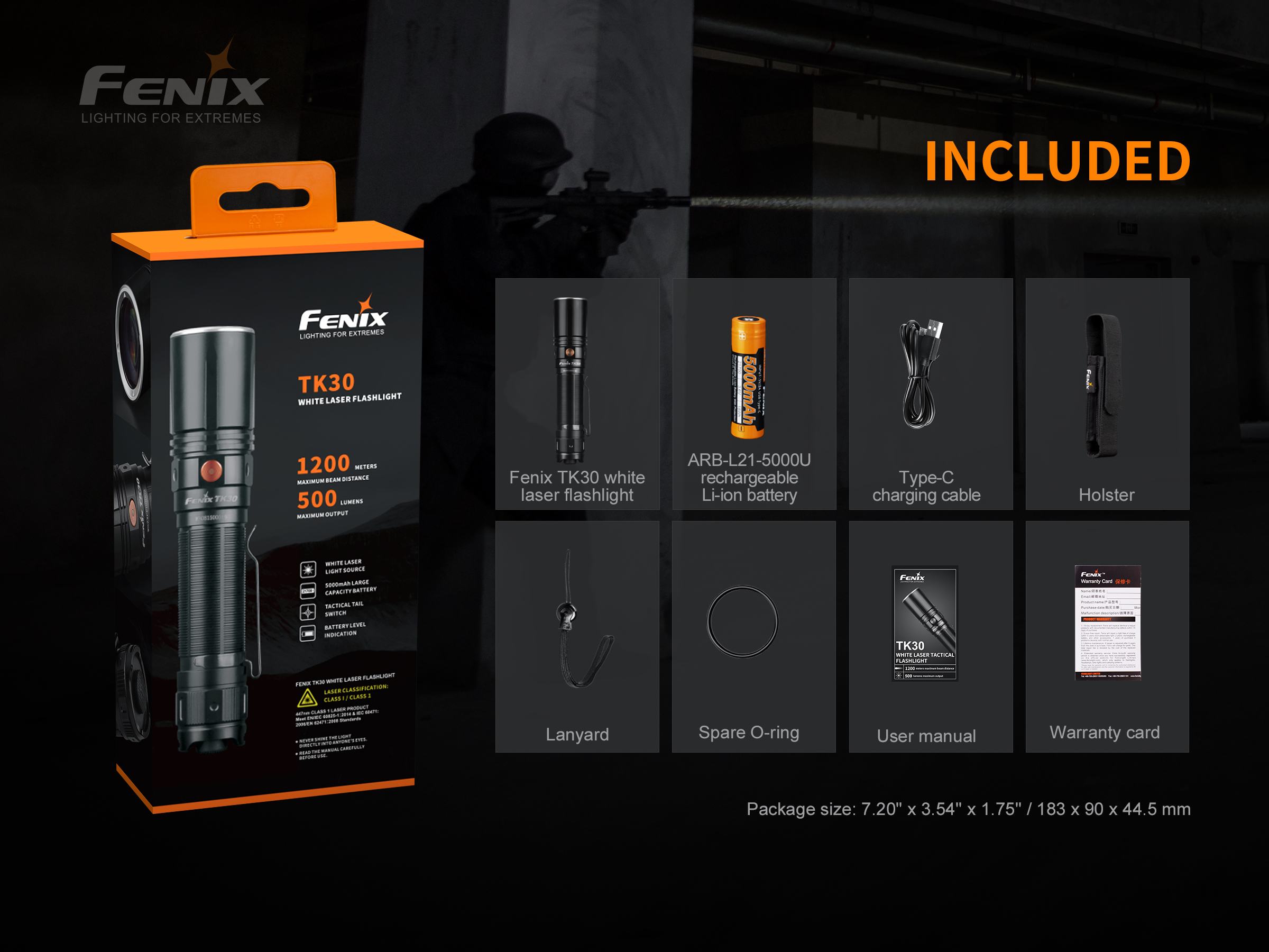 Fenix TK30 tactical flashlight with white laser LED, showcasing sleek design and durable construction.