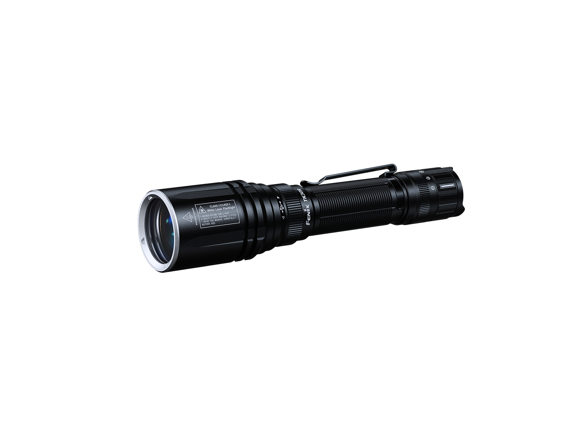 Fenix TK30R tactical flashlight with white laser, showcasing sleek design and rechargeable features in a dark setting.