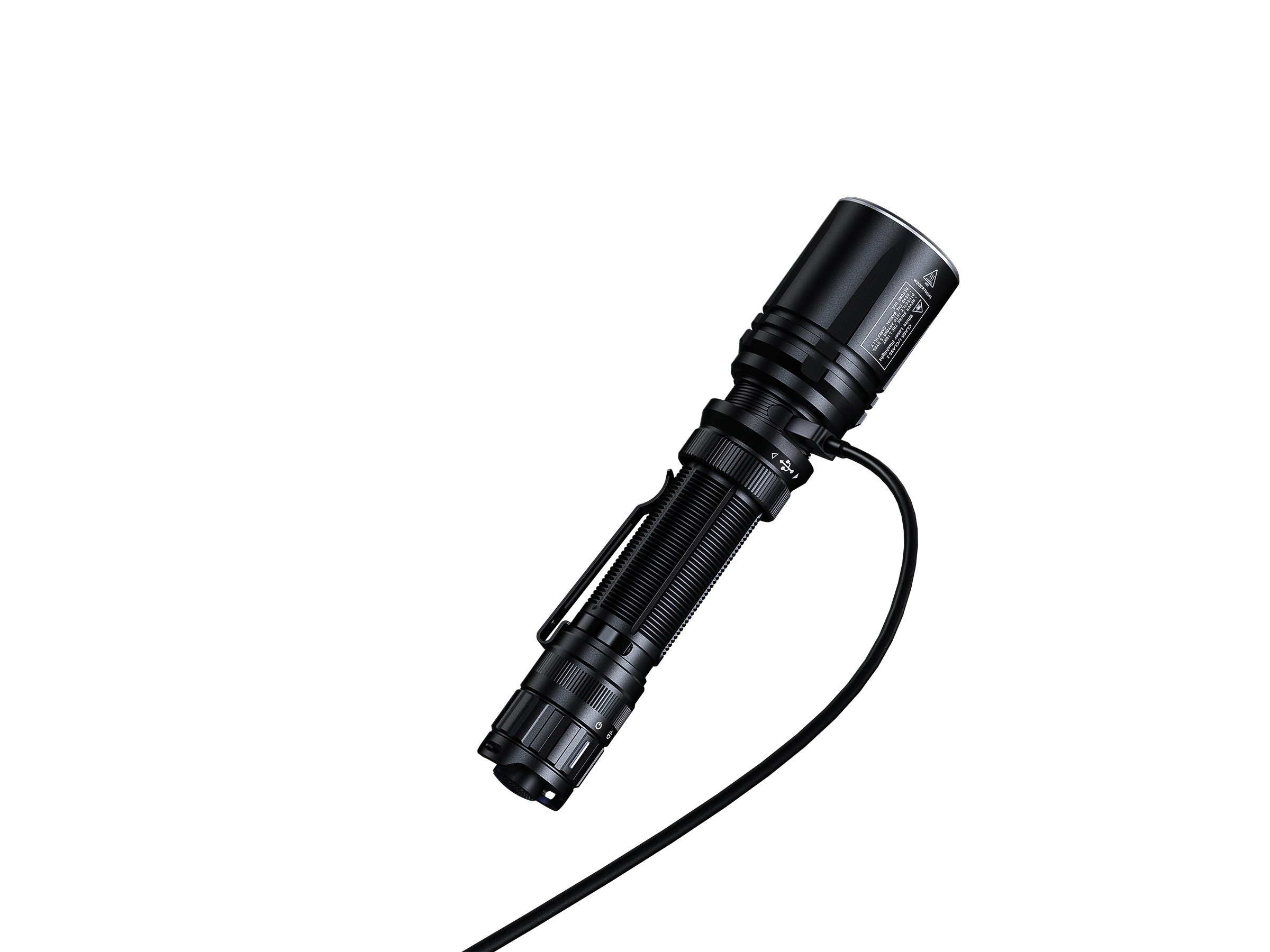 Fenix TK30R tactical flashlight showcasing a white laser beam with a rechargeable design and durable build.