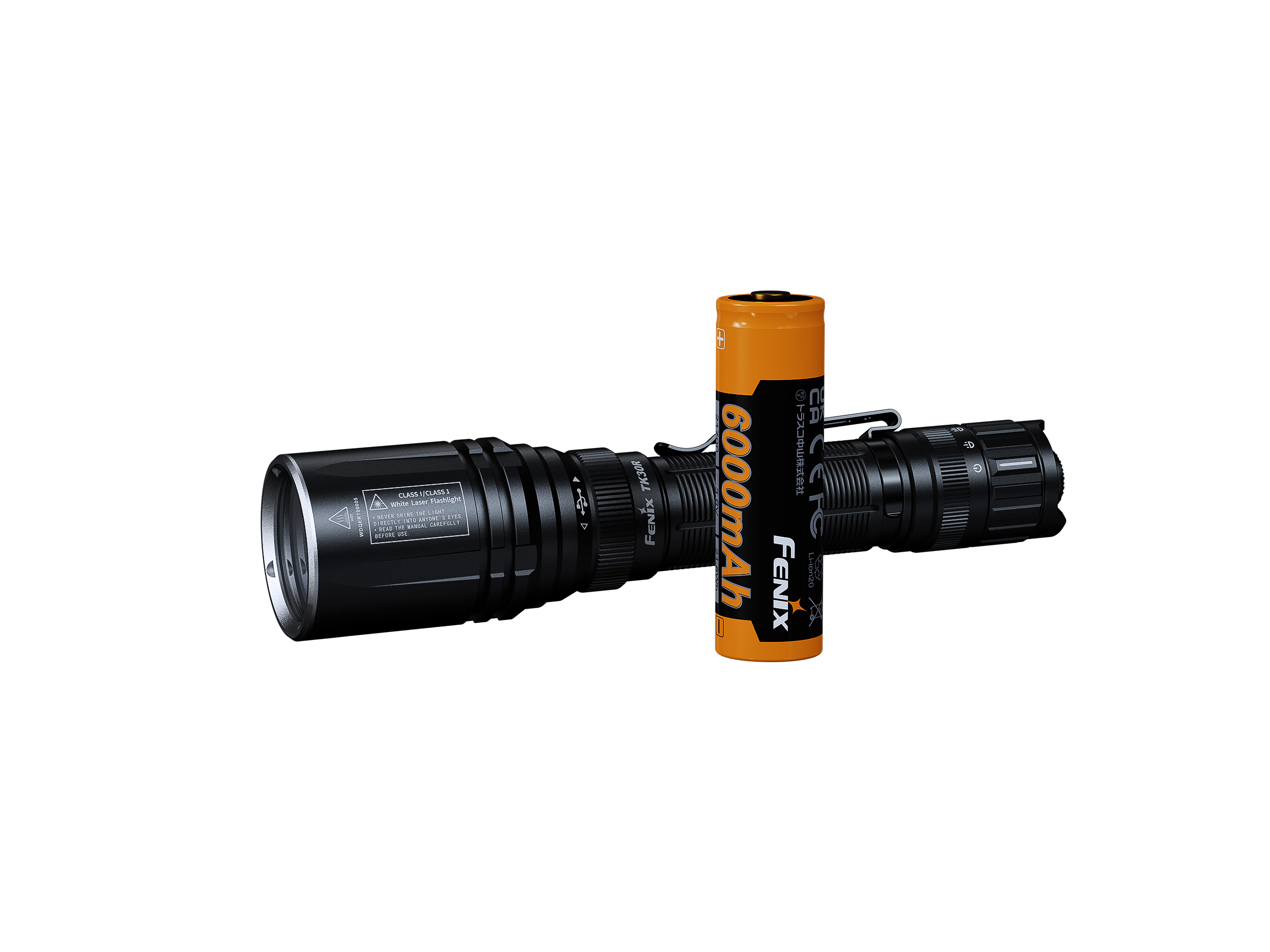 Fenix TK30R tactical flashlight with white laser, showcasing its sleek design and rechargeable features.