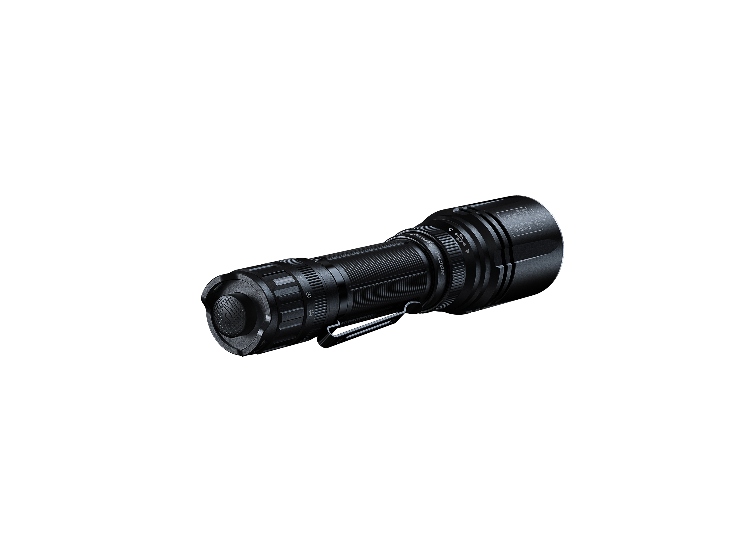 Fenix TK30R tactical flashlight with white laser, showcasing its compact design and rechargeable feature.