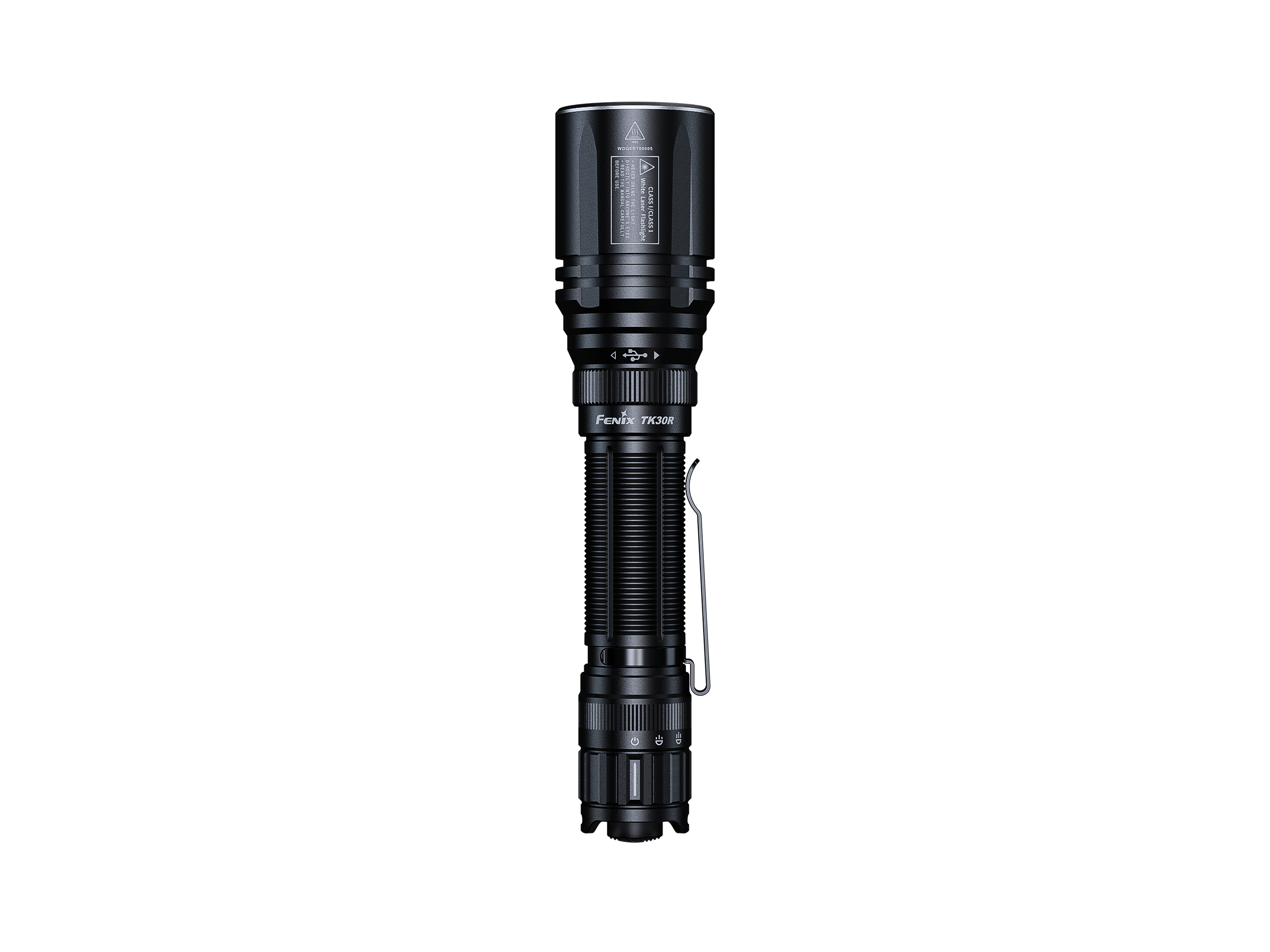 Fenix TK30R tactical flashlight with white laser, rechargeable design, showcasing sleek body and bright light beam.