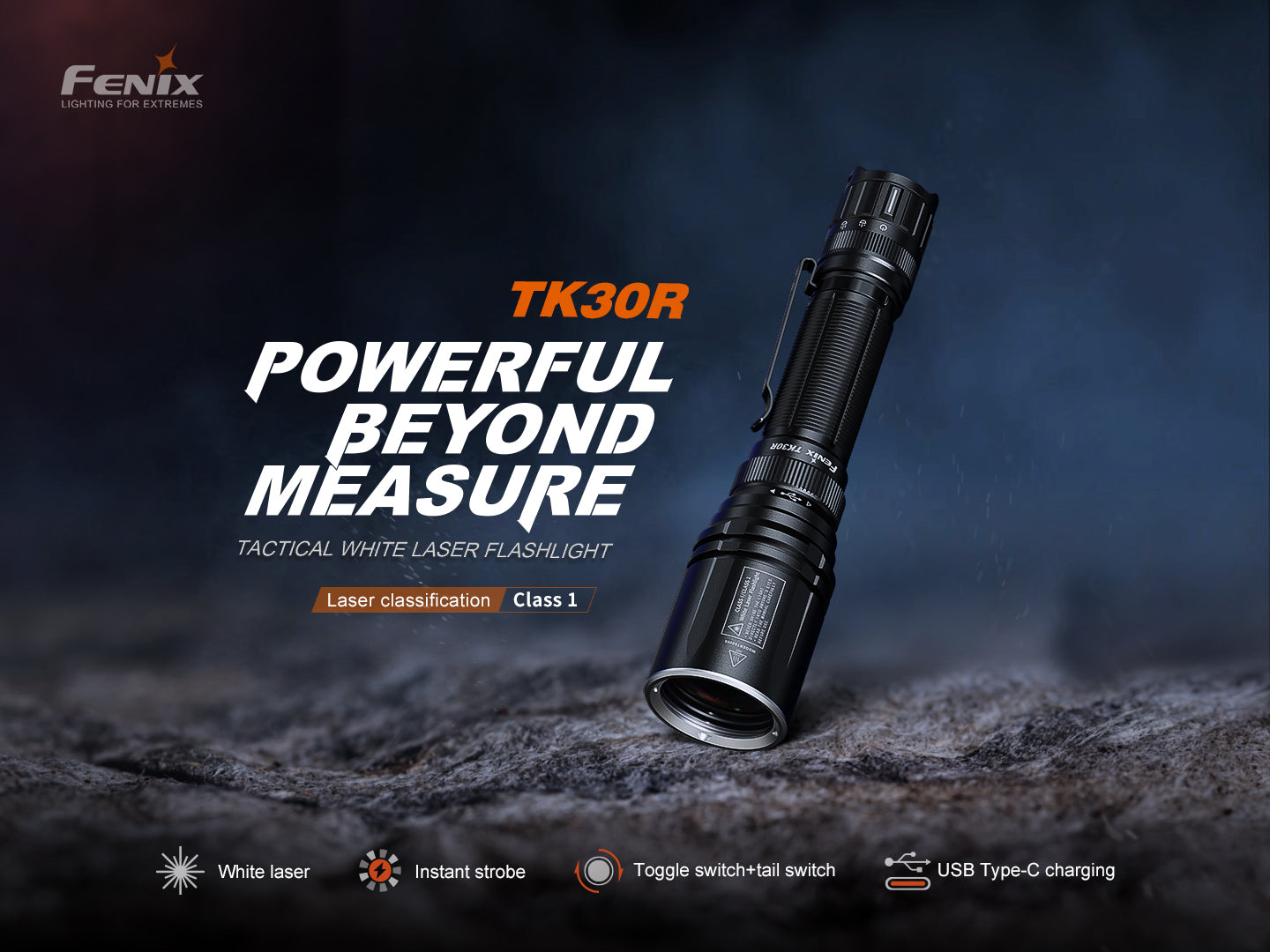 Fenix TK30R tactical flashlight with white laser beam, showcasing durable design and rechargeable features.