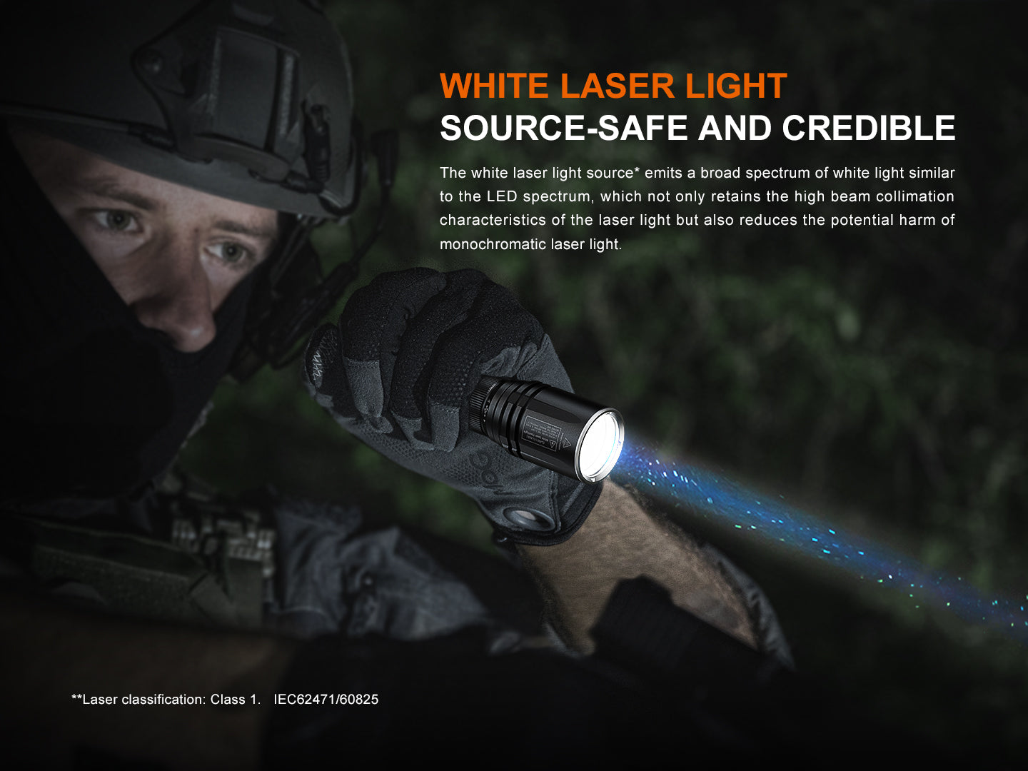 Fenix TK30R tactical flashlight with white laser, showcasing durable design and rechargeable feature.