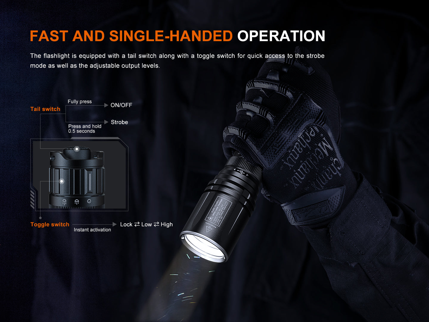 Fenix TK30R tactical flashlight with white laser, showcasing sleek design and rechargeable feature in a dark setting.