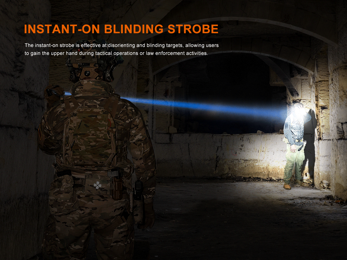Fenix TK30R tactical flashlight with white laser, showcasing its sleek design and rechargeable feature.