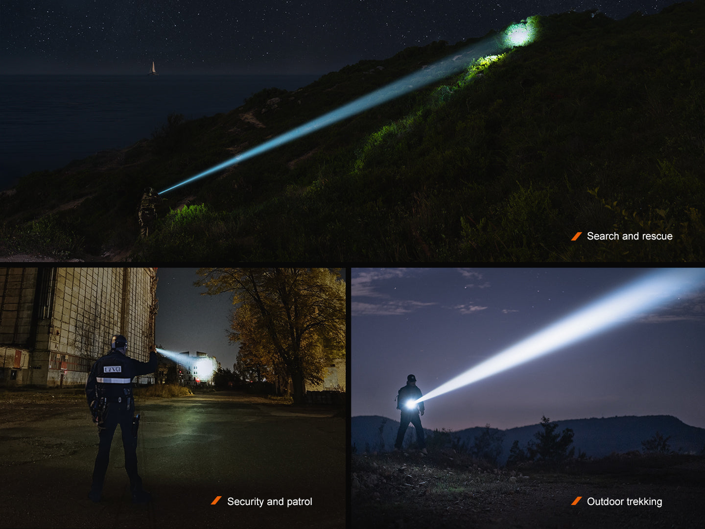 Fenix TK30R tactical flashlight with white laser, showcasing its sleek design and rechargeable feature.