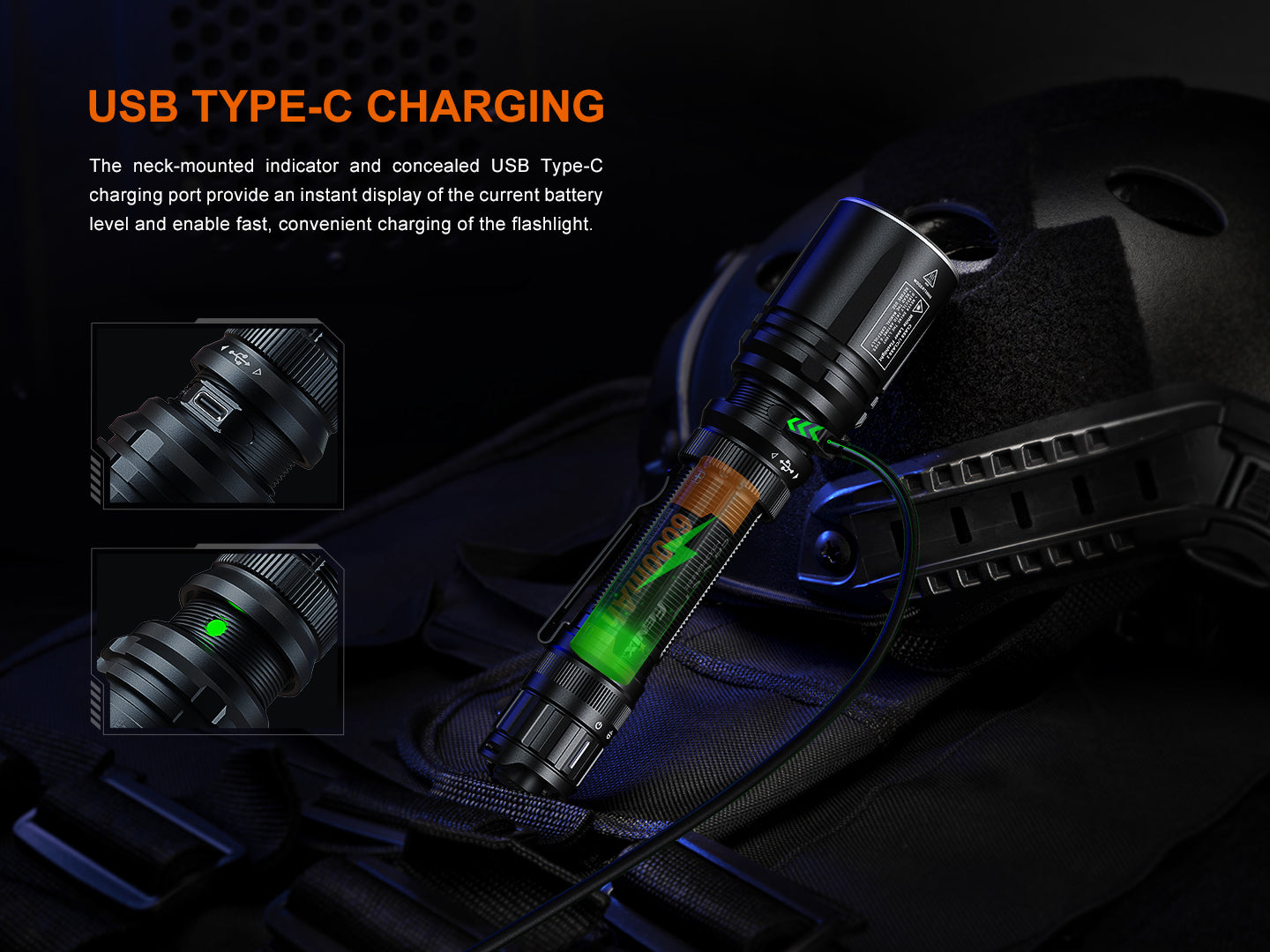 Fenix TK30R tactical flashlight with white laser beam, showcasing its durable design and rechargeable feature.