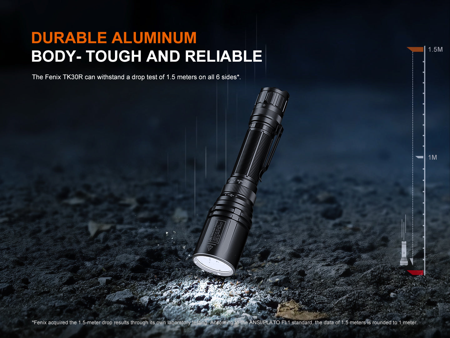 Fenix TK30R tactical flashlight with white laser, showcasing its sleek design and rechargeable feature.