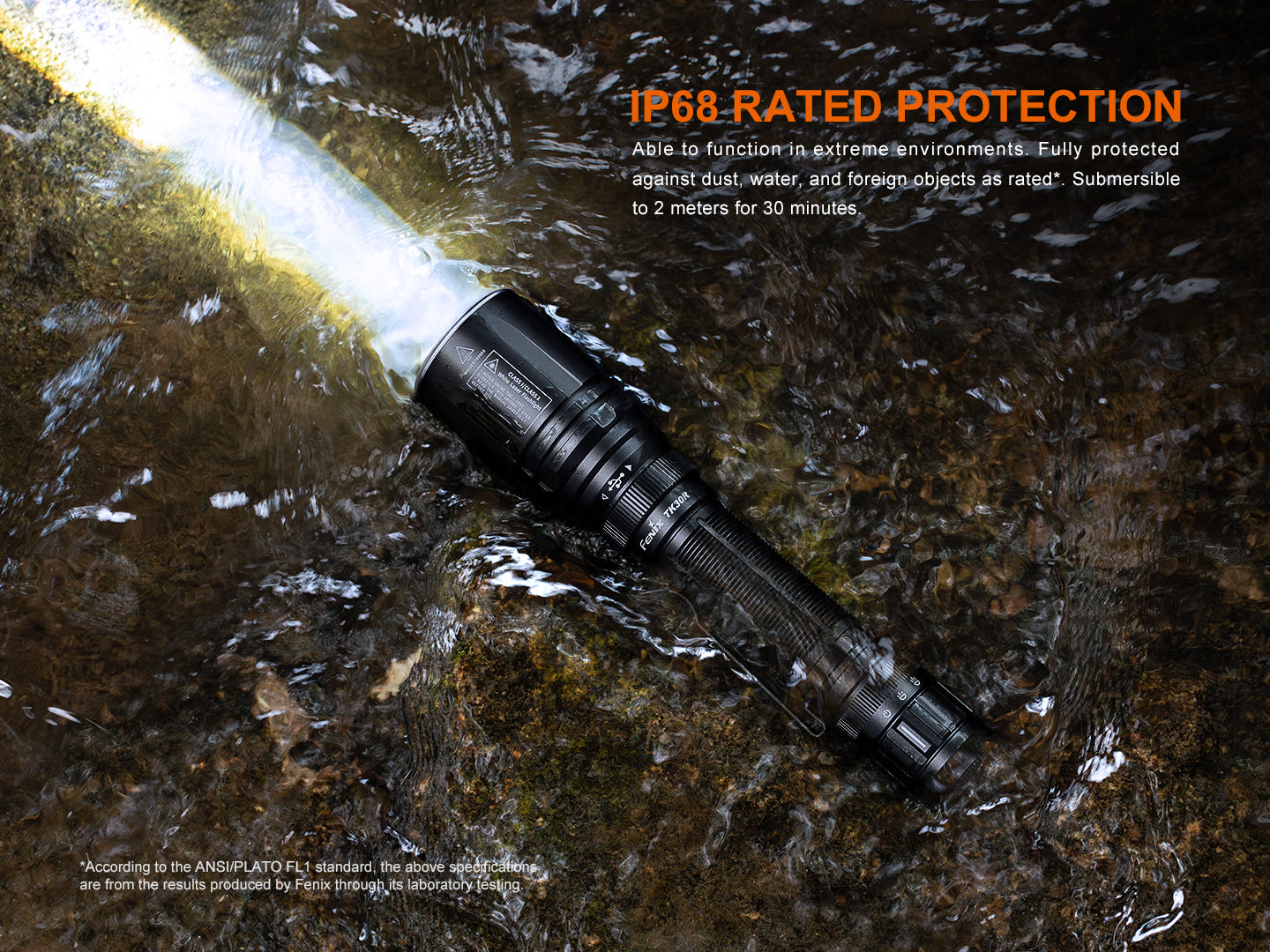 Fenix TK30R tactical flashlight with a white laser and rechargeable battery, showcasing its compact design and sturdy build.