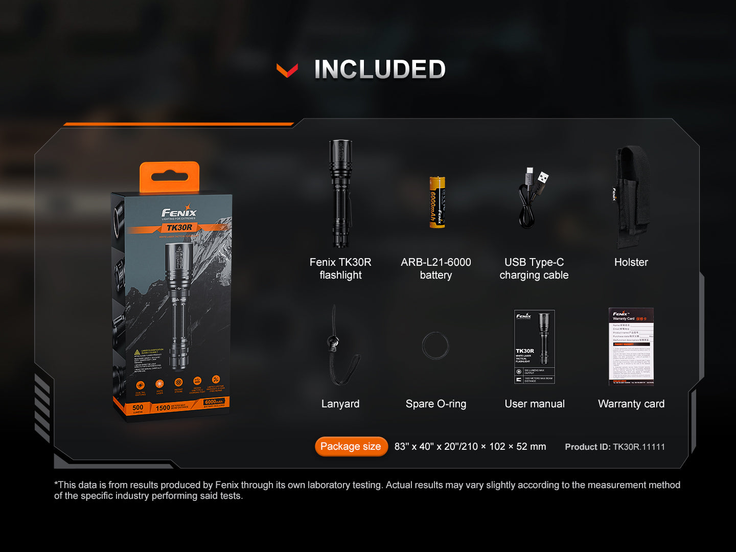 Fenix TK30R tactical flashlight with white laser, showcasing sleek design and rechargeable feature in a dark setting.