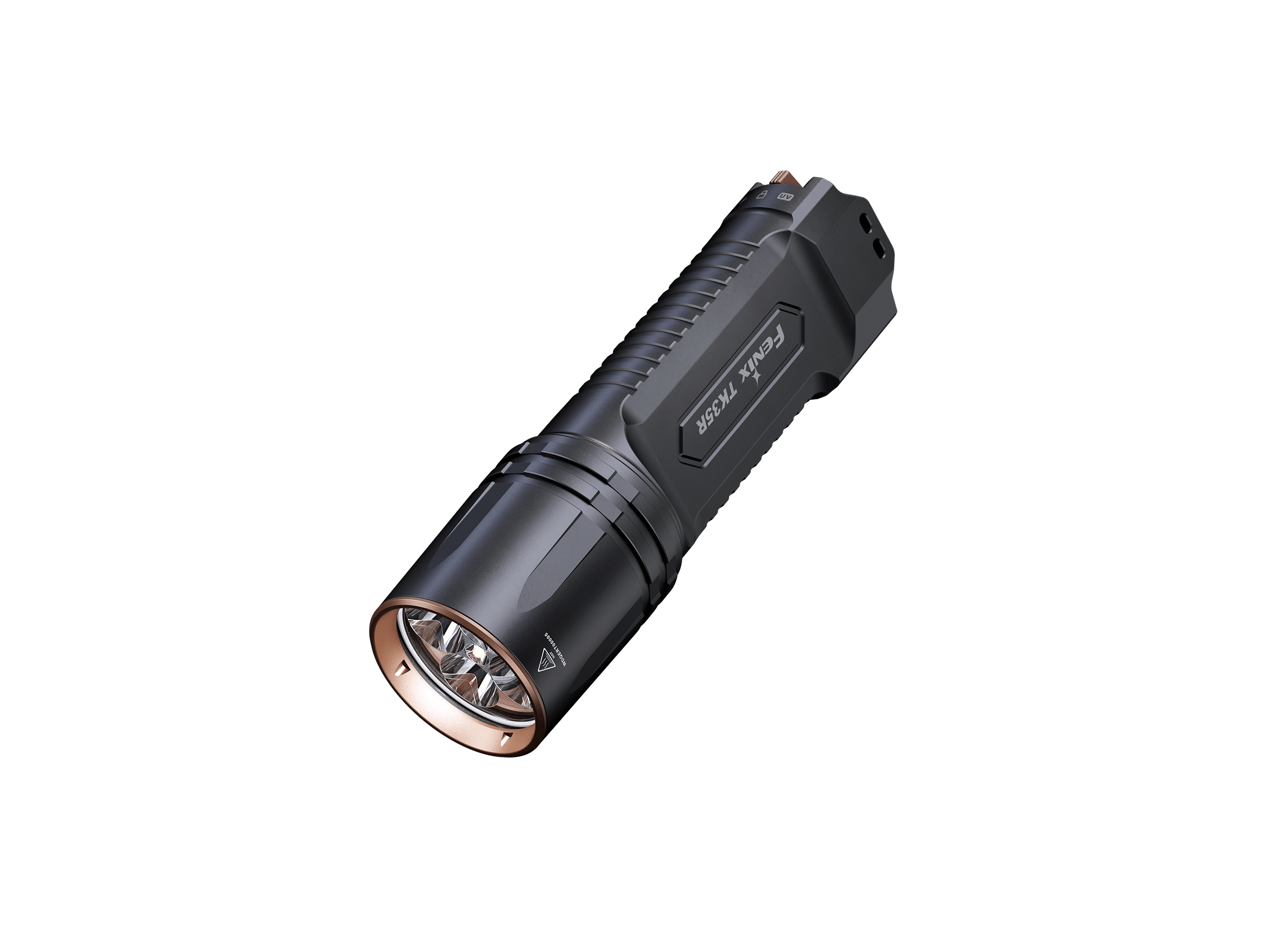 Fenix TK35R UV tactical flashlight with rechargeable battery, showcasing its sleek design and bright LED light beam.