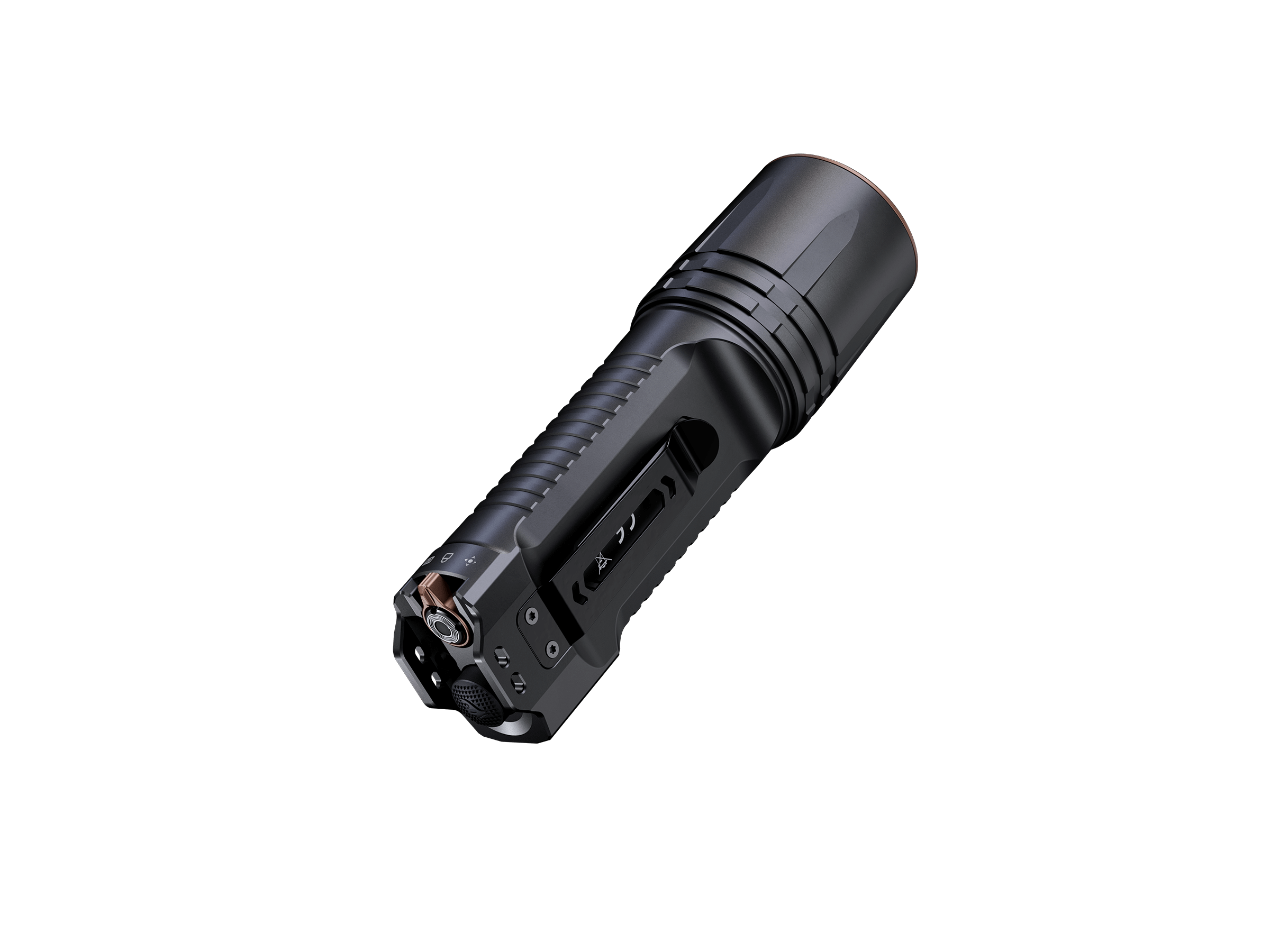 Fenix TK35R UV rechargeable tactical flashlight with a sleek design and bright beam on a dark background.