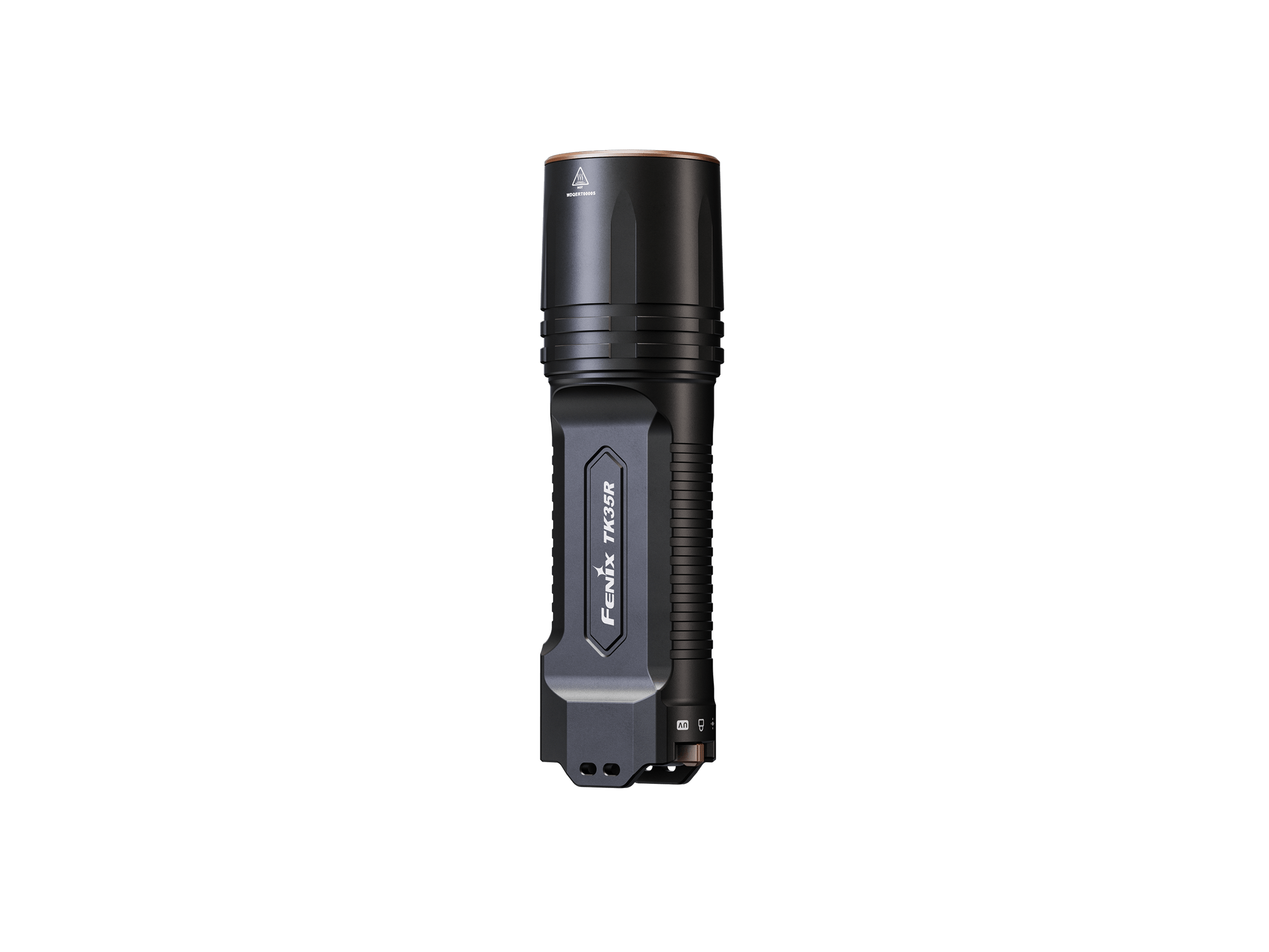 Fenix TK35R UV tactical flashlight showing its sleek design and rechargeable feature in a dark setting.