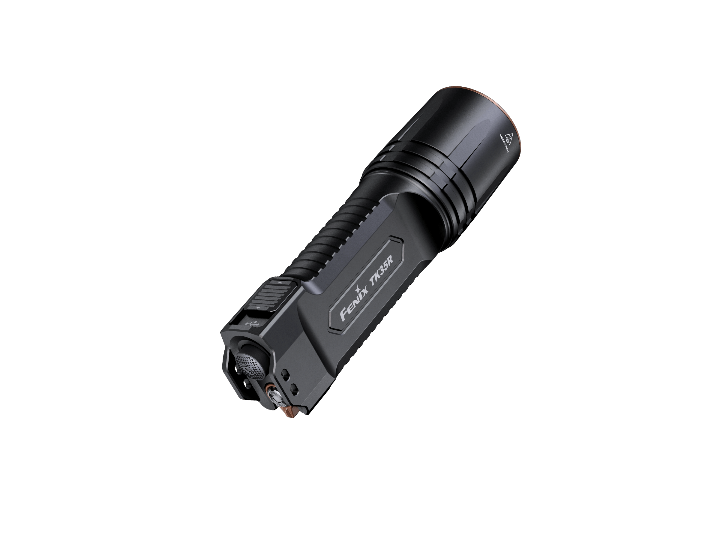 Fenix TK35R tactical flashlight with UV light, showcasing its sleek design and rechargeable features in a dark setting.