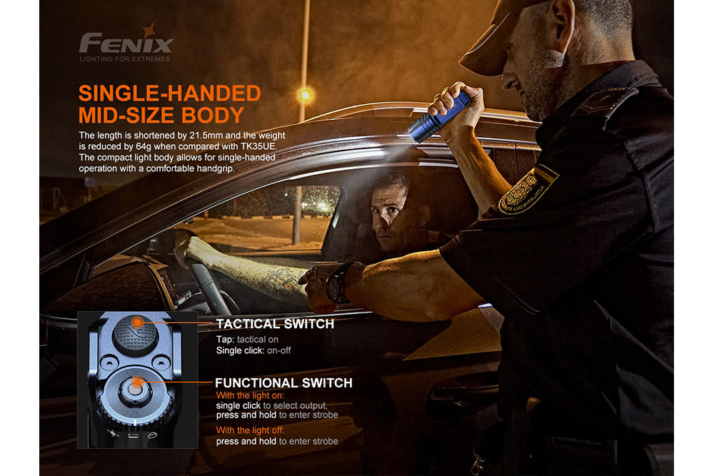 Fenix TK35UE V2.0 tactical flashlight with a powerful 5000 lumens output, showcasing its sleek design and durable build.
