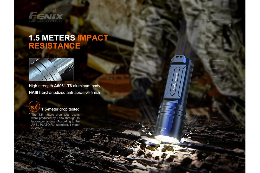 Fenix TK35UE V2.0 tactical flashlight with powerful 5000 lumens, showcasing its robust design and bright beam.
