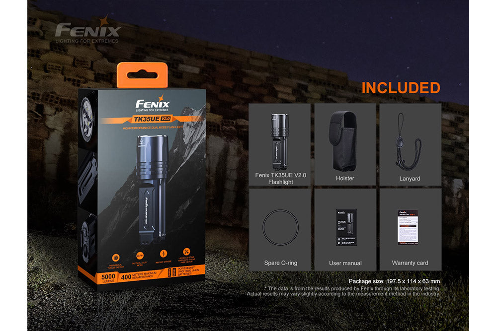 Fenix TK35UE V2.0 tactical flashlight with 5000 lumens brightness, showcasing its sleek design and durable construction.