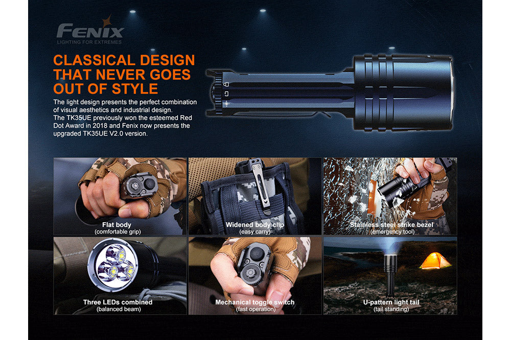 Fenix TK35UE V2.0 tactical flashlight showcasing its compact design and powerful 5000 lumens beam output.